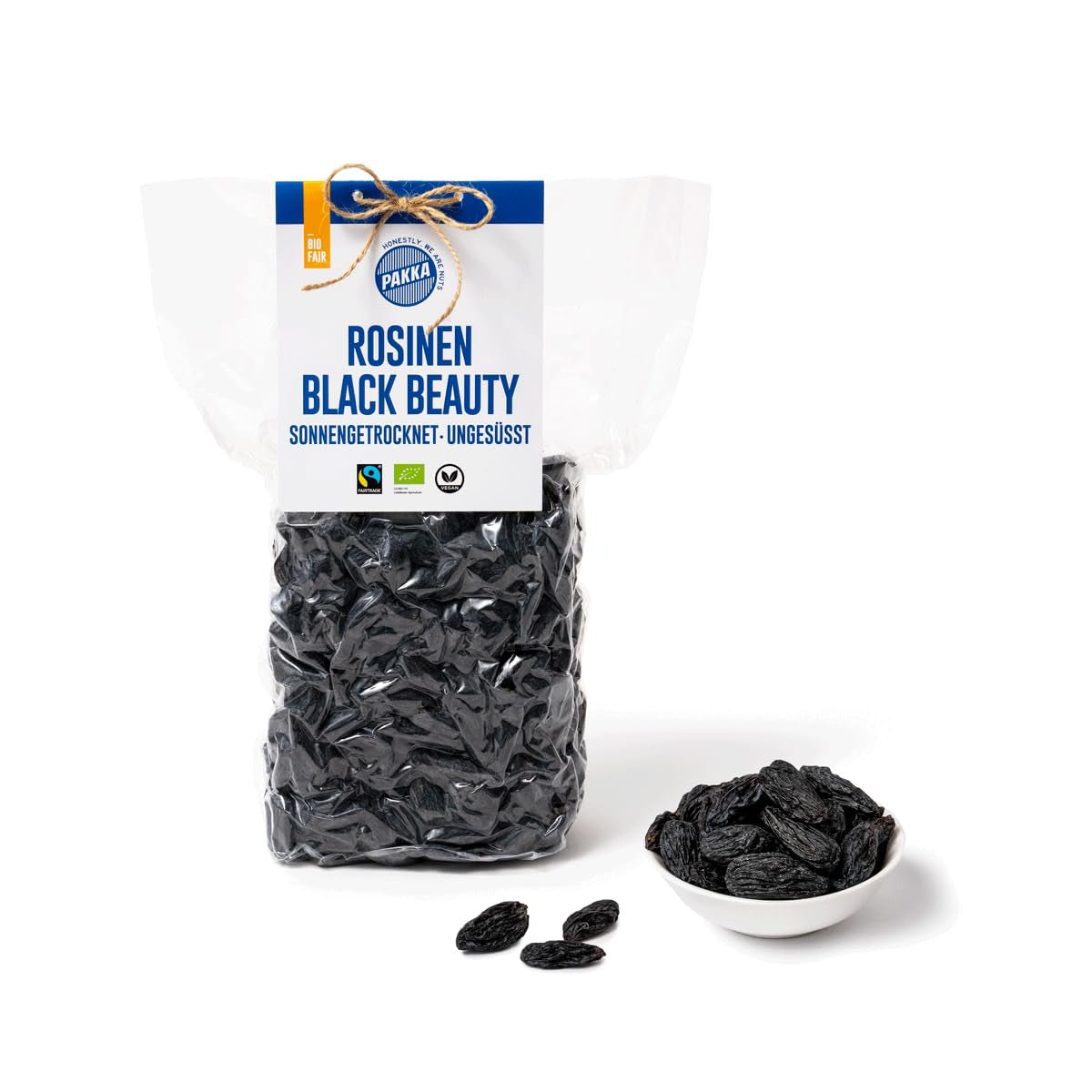 PAKKA - Organiczne rodzynki Fairtrade Black Beauty 600gr, organiczne, bezpestkowe, czarne winogrona, suszone na słońcu, bezolejowe, a zatem lepkie, niesiarkowane, bezpośrednio od drobnych rolników w Samarkandzie w Uzbekistanie Produkty suszone Naty Shop Wariant 1: 600 G (opakowanie 1 szt.)