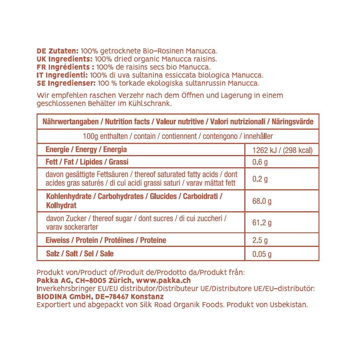 PAKKA - Ekologiczne rodzynki Fairtrade Jumbo Manucca 1kg z 2 - 3 chrupiącymi nasionami, suszone na słońcu winogrona Manucca, bezolejowe, bardzo lepkie, niesiarkowane, od drobnych rolników z Samarkandy Uzbekistan 1000g Produkty suszone Naty Shop