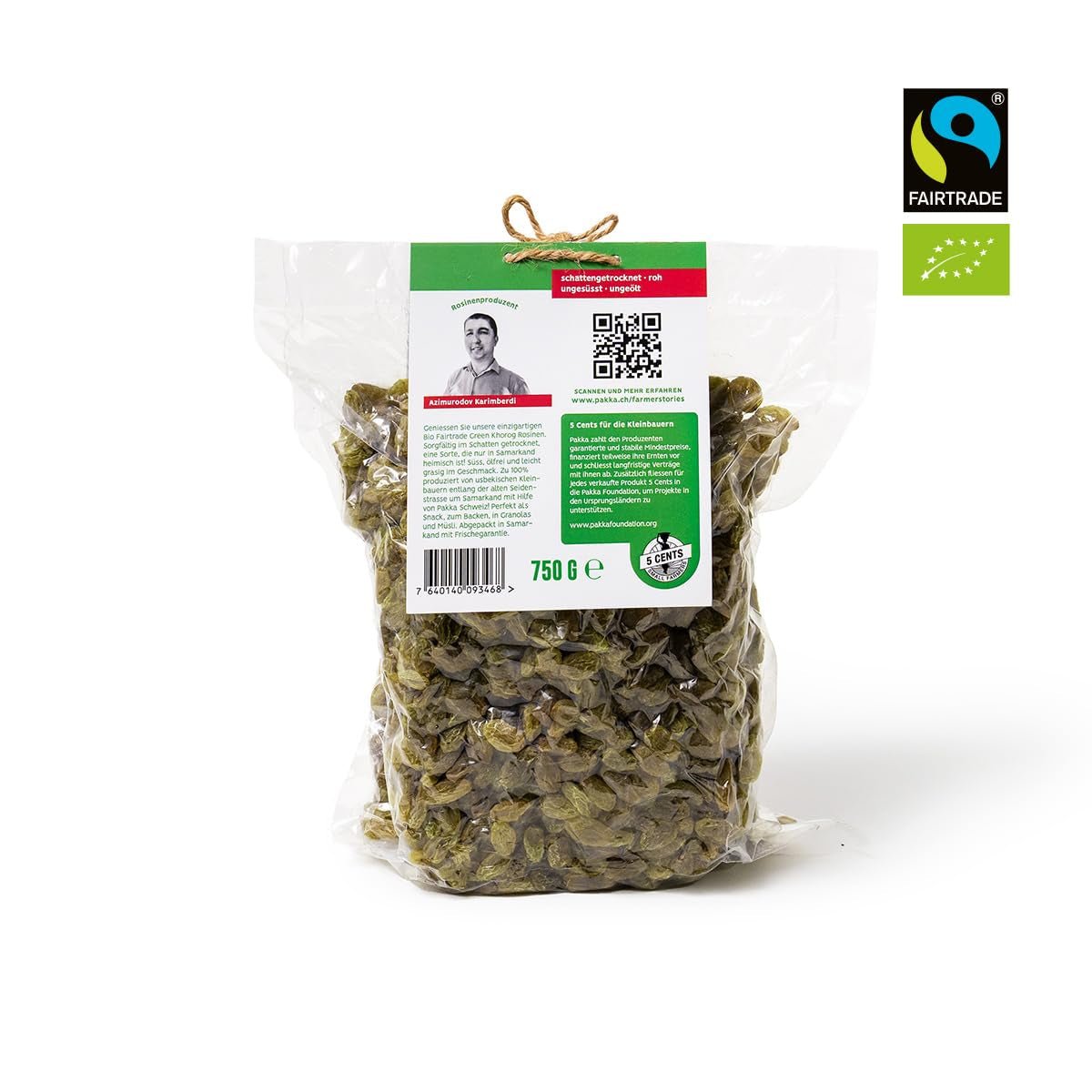 PAKKA - Organiczne rodzynki zielone Khorog Fairtrade 750g, organiczne i Fairtrade, bez pestek, suszone w cieniu, bez oleju, bardzo lepkie, bezpośrednio od drobnych rolników w Samarkandzie w Uzbekistanie, wegańskie, 750g Naty Shop Produkty suszone