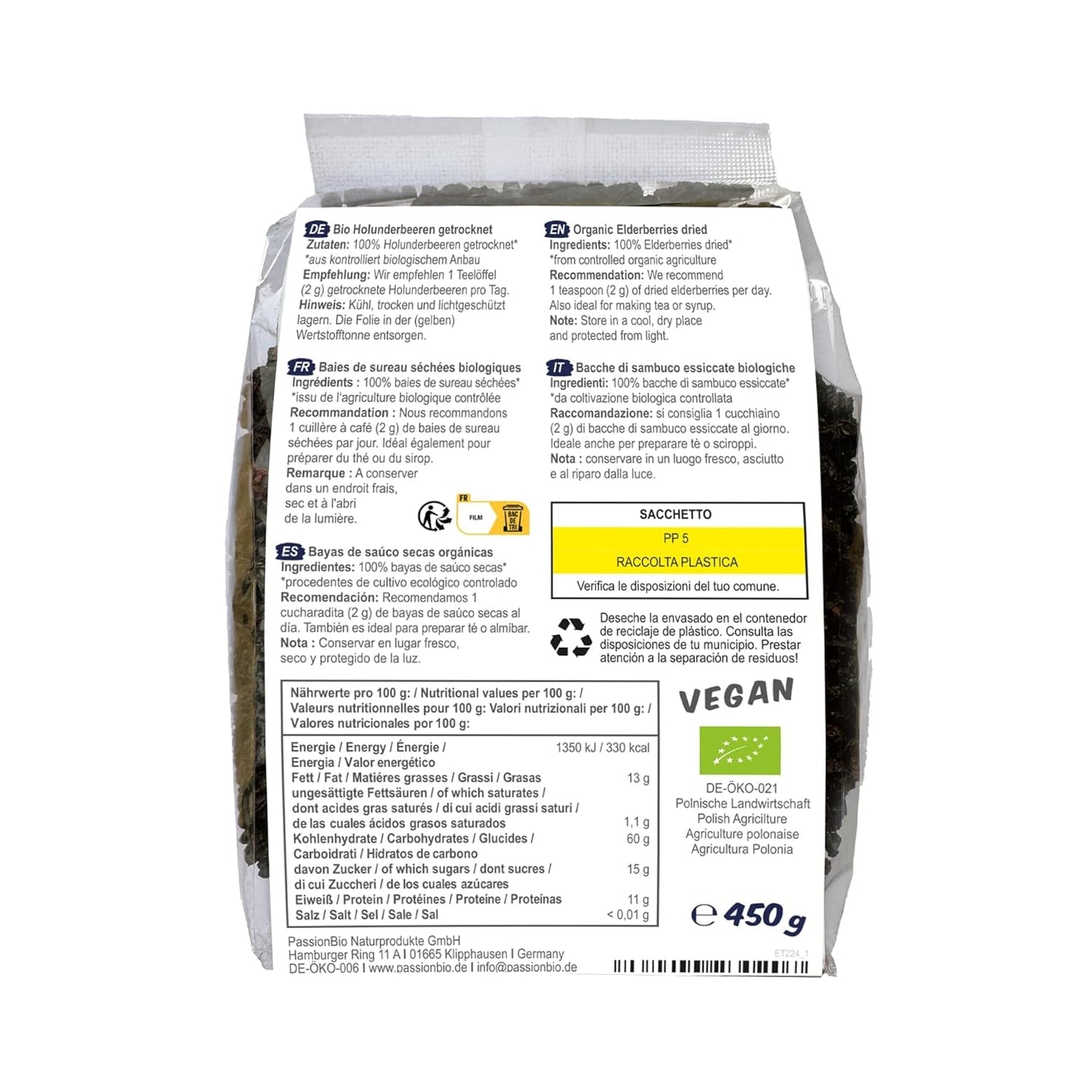 PassionBio Ekologiczny Bz Czarny Suszony 450g - Czarny Bez Czarny do Herbaty i Syropu - Wegański, Bez Konserwantów, Bez Dodatku Cukru (Zgodnie z Ustawą) Produkty Suszone Naty Shop
