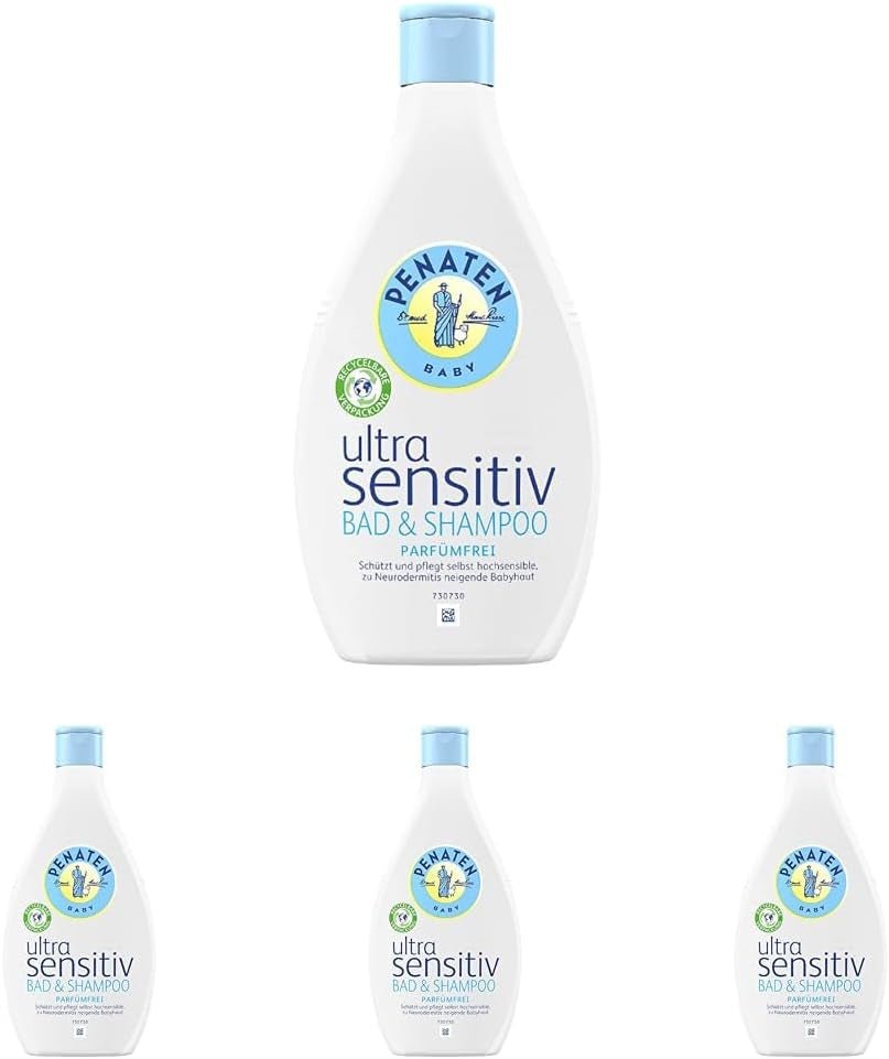 PENATEN Ultra Sensitive Kąpiel i Szampon (400 ml), Kąpiel i Szampon dla Niemowląt, szczególnie delikatny dla bardzo wrażliwej skóry niemowląt ze skłonnością do neurodermitów, żel pod prysznic i Szampon do włosów bez perfum i barwników. Dzieci - Kąpiel i Pielęgnacja Naty Shop 400 Ml (opakowanie 4 szt.) Żel do mycia