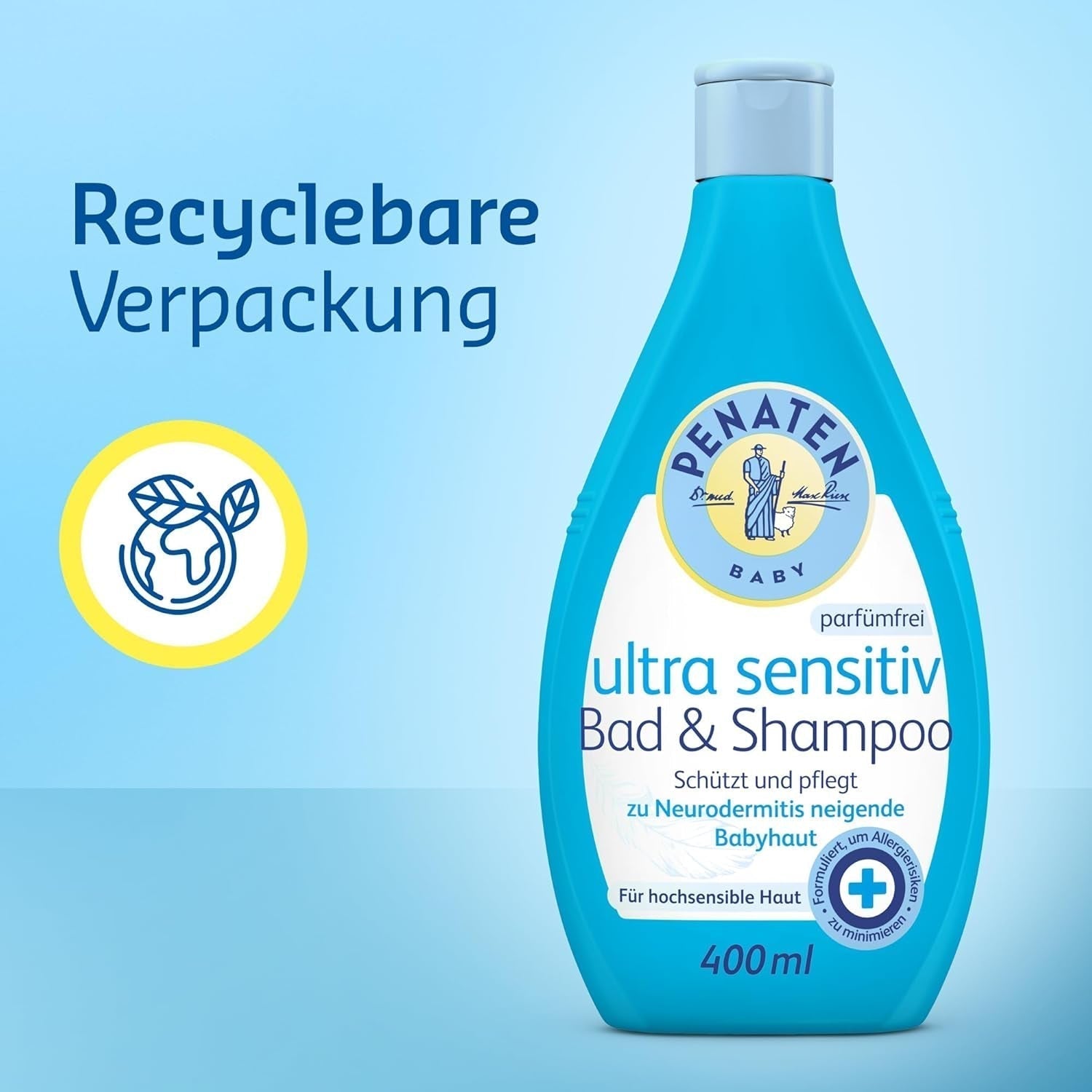 PENATEN Ultra Sensitive Kąpiel i Szampon (400 ml), wyjątkowo delikatny płyn do kąpieli i szampon dla bardzo wrażliwej skóry niemowląt ze skłonnością do neurodermitów, bezzapachowy i barwnikowy żel pod prysznic i szampon do włosów Dzieci - Kąpiel i pielęgnacja Naty Shop