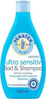 PENATEN Ultra Sensitive Kąpiel i Szampon (400 ml), płyn do kąpieli i szampon dla dzieci szczególnie delikatny dla bardzo wrażliwej skóry niemowląt ze skłonnością do neurodermitów, żel pod prysznic i szampon do włosów bez perfum i barwników Dzieci - Kąpiel i pielęgnacja Naty Shop 400 Ml (1 opakowanie) Żel do mycia