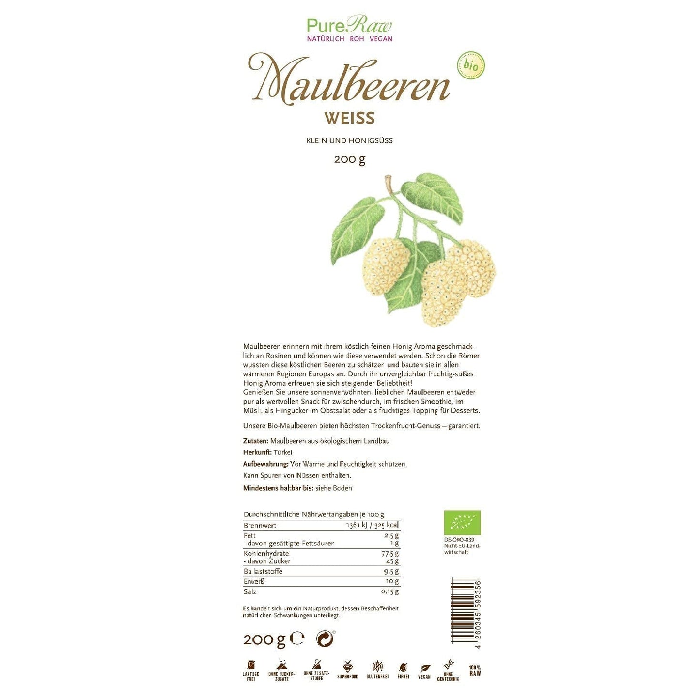 Premium Organiczne suszone (surowe wegańskie) morwy białe Morus Alba Mulberry Fruit - Suszone owoce bez dodatku cukru z Turcji - Ekologiczne surowe białe morwy suszone | PureRaw 200g Naty Kup produkty suszone
