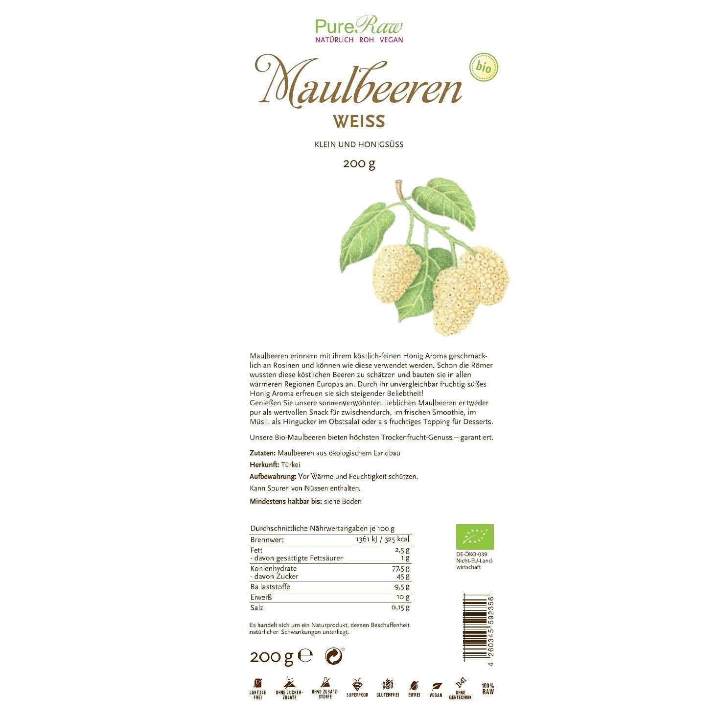 Premium Organiczne suszone (surowe wegańskie) morwy białe Morus Alba Mulberry Fruit - Suszone owoce bez dodatku cukru z Turcji - Ekologiczne surowe białe morwy suszone | PureRaw 200g Naty Kup produkty suszone