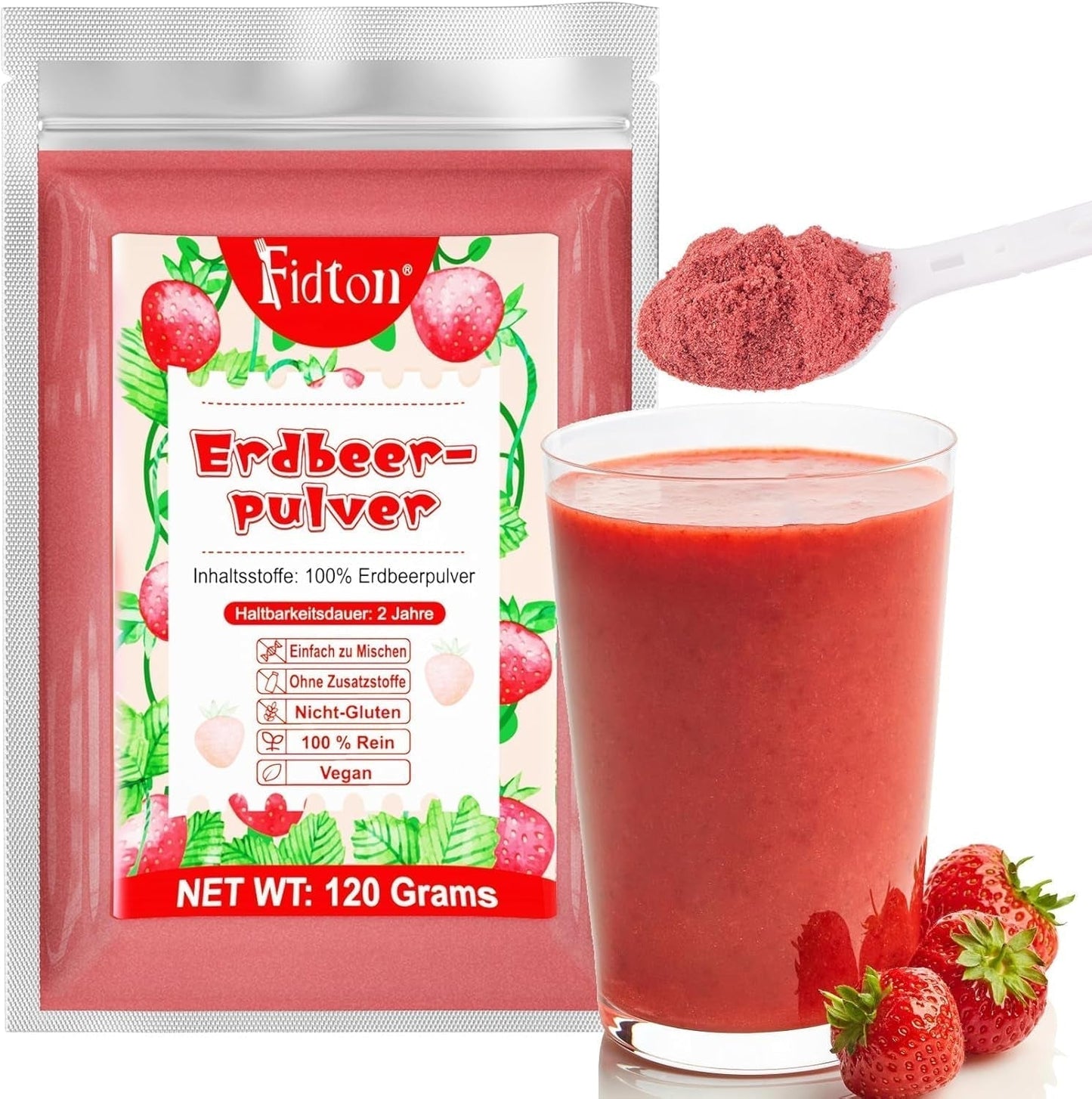Truskawka w proszku 120g - 100% naturalne truskawki Liofilizowane, bez dodatków Łatwe mieszanie Pożywne, liofilizowane truskawki do lodów, ciast, koktajli, napojów, proszku aromatyzującego Produkty suszone Naty Shop 120G Truskawki