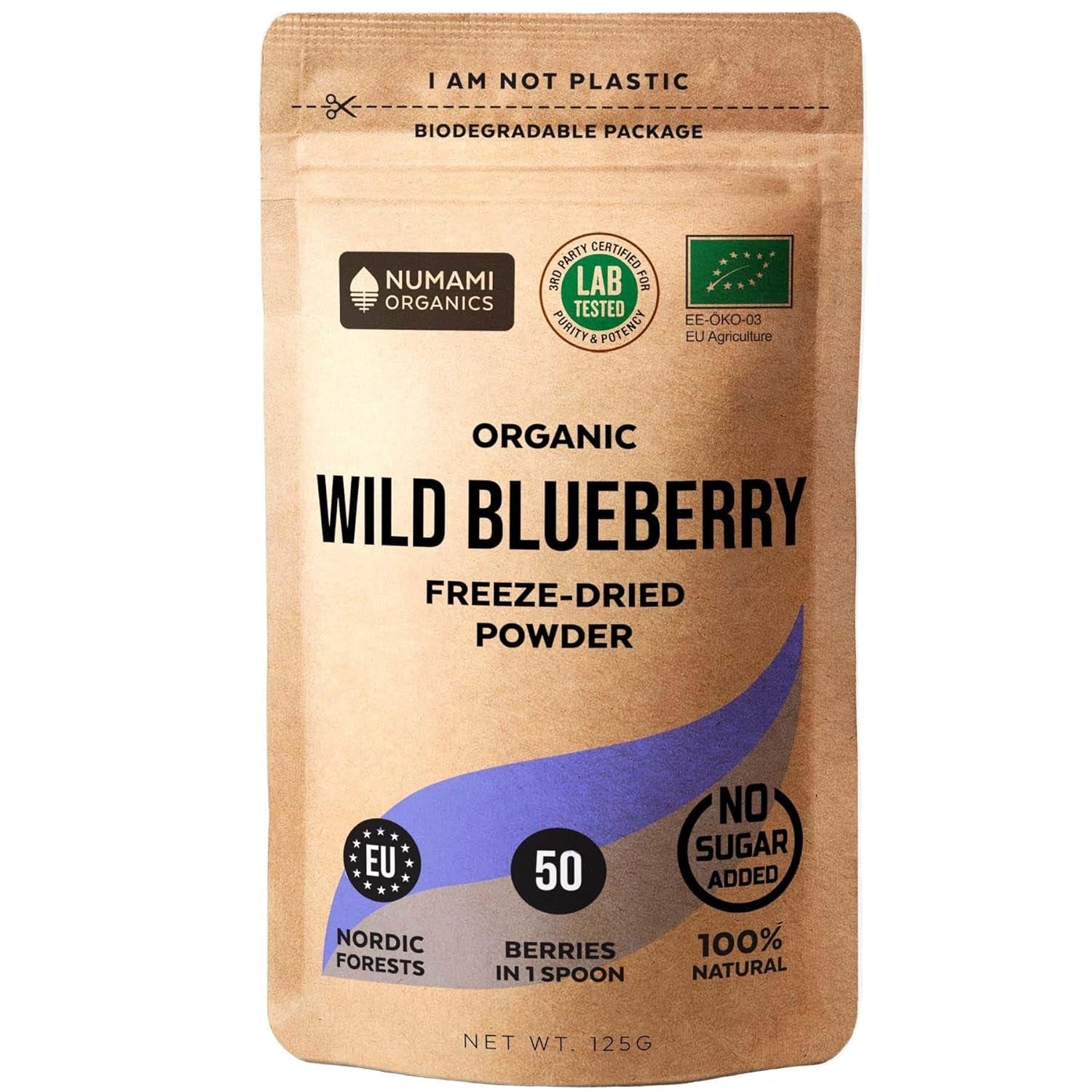 Organiczny proszek z dzikich jagód, liofilizowane całe jagody, 100% surowa jakość spożywcza, bogata w przeciwutleniacze i witaminę C, bez dodatku cukru, zbierane w Europie Północnej Produkty suszone Naty Shop 125 g
