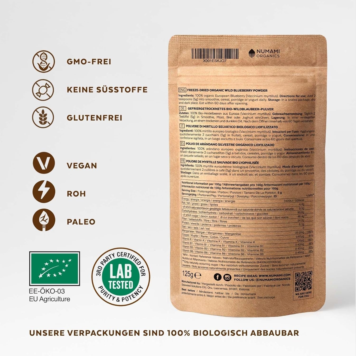Organiczny proszek z dzikich jagód, liofilizowane całe jagody, 100% surowa jakość spożywcza, bogata w przeciwutleniacze i witaminę C, bez dodatku cukru, zbierane w Europie Północnej. Produkty suszone Naty Shop