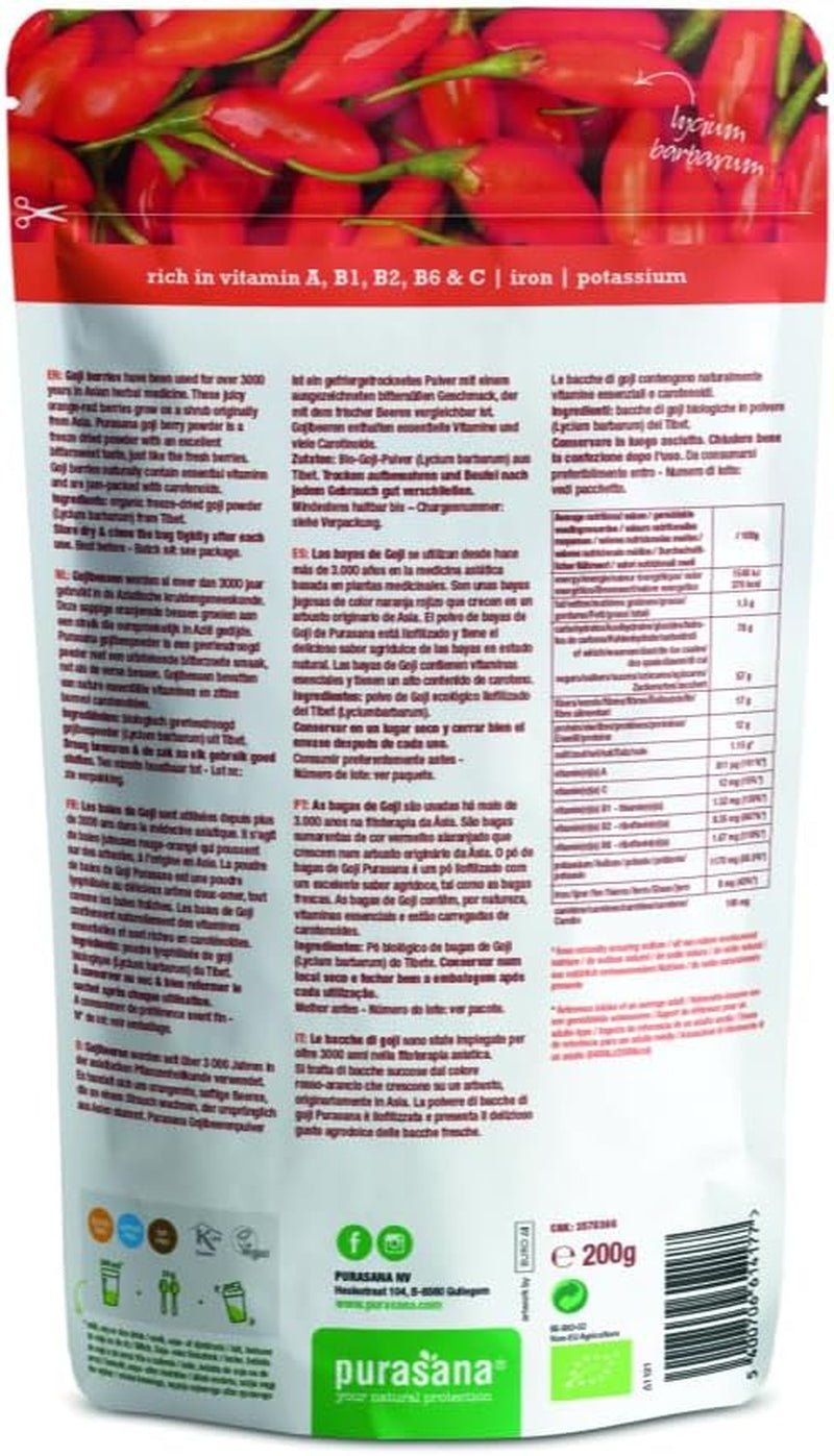 Proszek z jagód goji Purasana z Tybetu, z kontrolowanych upraw organicznych (200g) surowiec spożywczy Produkty suszone Naty Shop