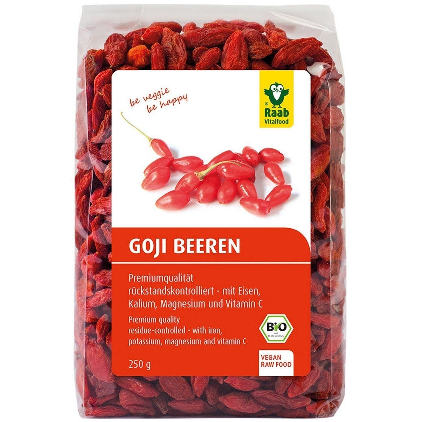 Raab Vitalfood Organiczne jagody goji, wysokiej jakości, kontrolowana zawartość pozostałości, testowane laboratoryjnie, bez siarki, bez dodatków, wegańskie, bogate w naturalne żelazo, potas, witaminę C, wolfberry, 1 opakowanie (250 g) Naty Shop Produkty suszone 250 gramów