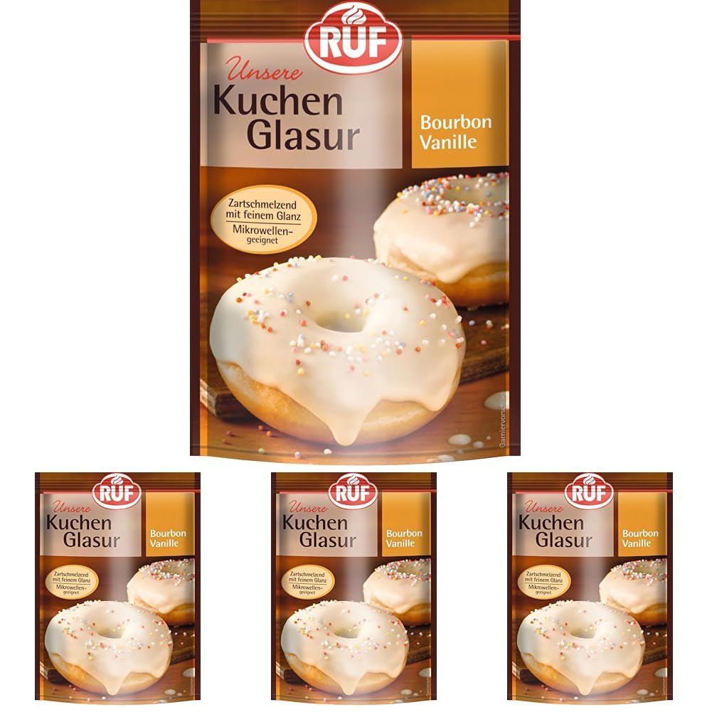RUF Cake Glaze Bourbon Vanilla, 100g w torebce, można używać w kuchence mikrofalowej, do polewania i dekorowania ciastek, muffinów i ciast, bezglutenowy (opakowanie 4 szt.) Naty Shop Pasta cukrowa Domyślny tytuł