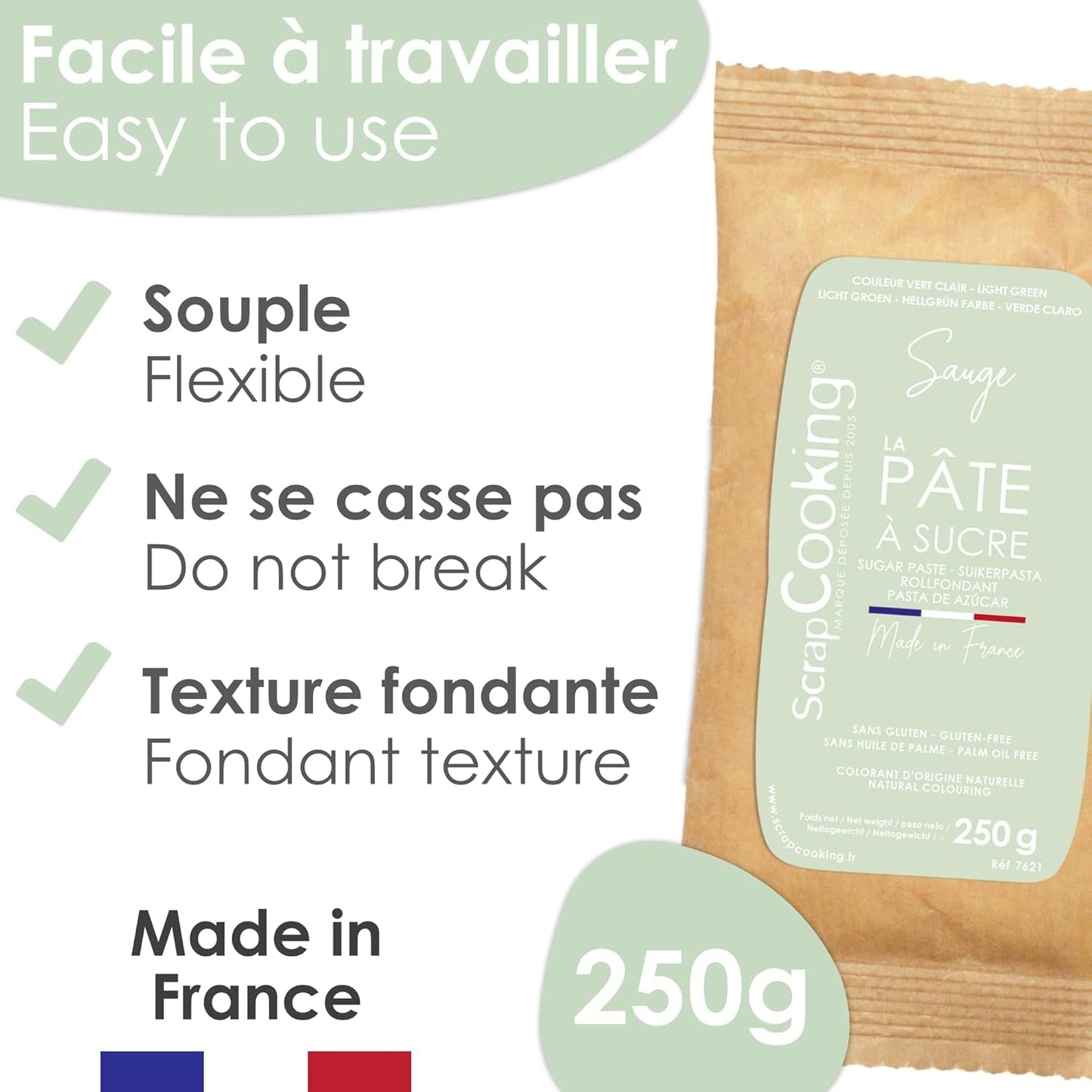 ScrapCooking - Pâte Ã Sucre Vert Sauge 250g - Colorant d'Origine Naturelle - Sans Gluten, Sans Huile de Palme - Pour Gâteaux, Pâtisseries Anniversaire - Vert Pastel - Fabrikie en France - 7621 Pasta cukrowa Naty Shop
