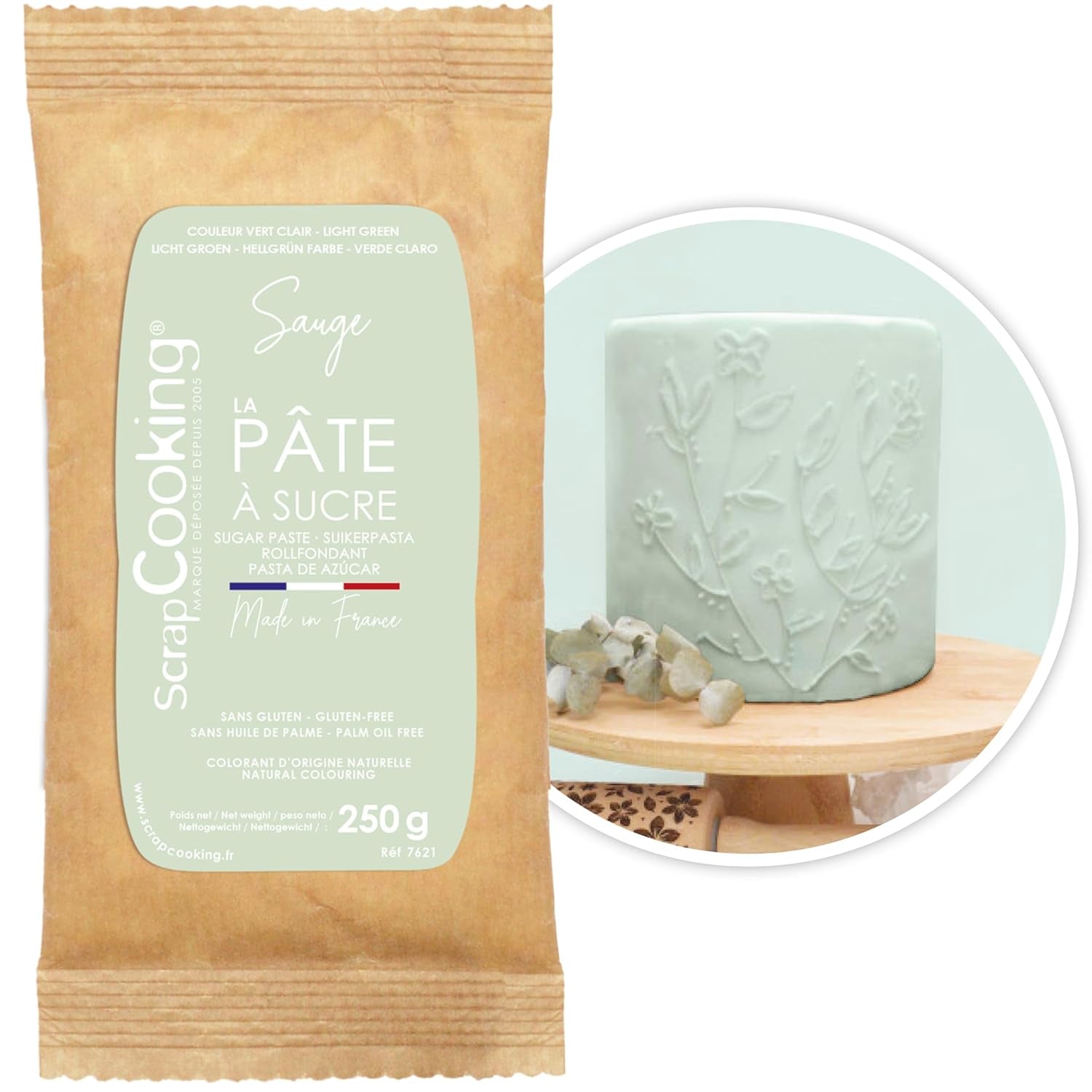 ScrapCooking - Pâte Ã Sucre Vert Sauge 250g - Colourant d'Origine Naturelle - Sans Gluten, Sans Huile de Palme - Pour Gâteaux, Pâtisseries Anniversaire - Vert Pastel - Fabrikie en France - 7621 Pasta cukrowa Naty Shop pastelowy róż nude