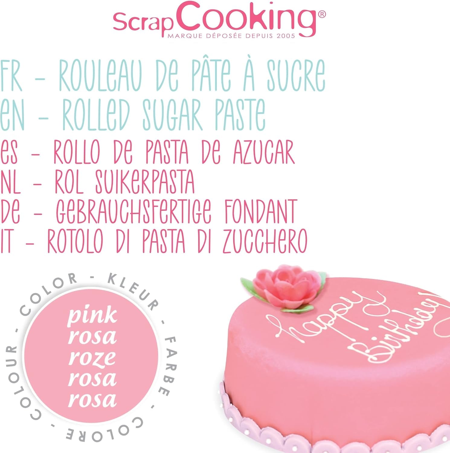 ScrapCooking - Różowa bułka z fondantem 36 cm - Zwijana czarna fondant 430 g - Topper na ciasto Dekoracja na ciasto, pieczenie, urodziny, imprezy - Różowy - 7264 Pasta cukrowa Naty Shop