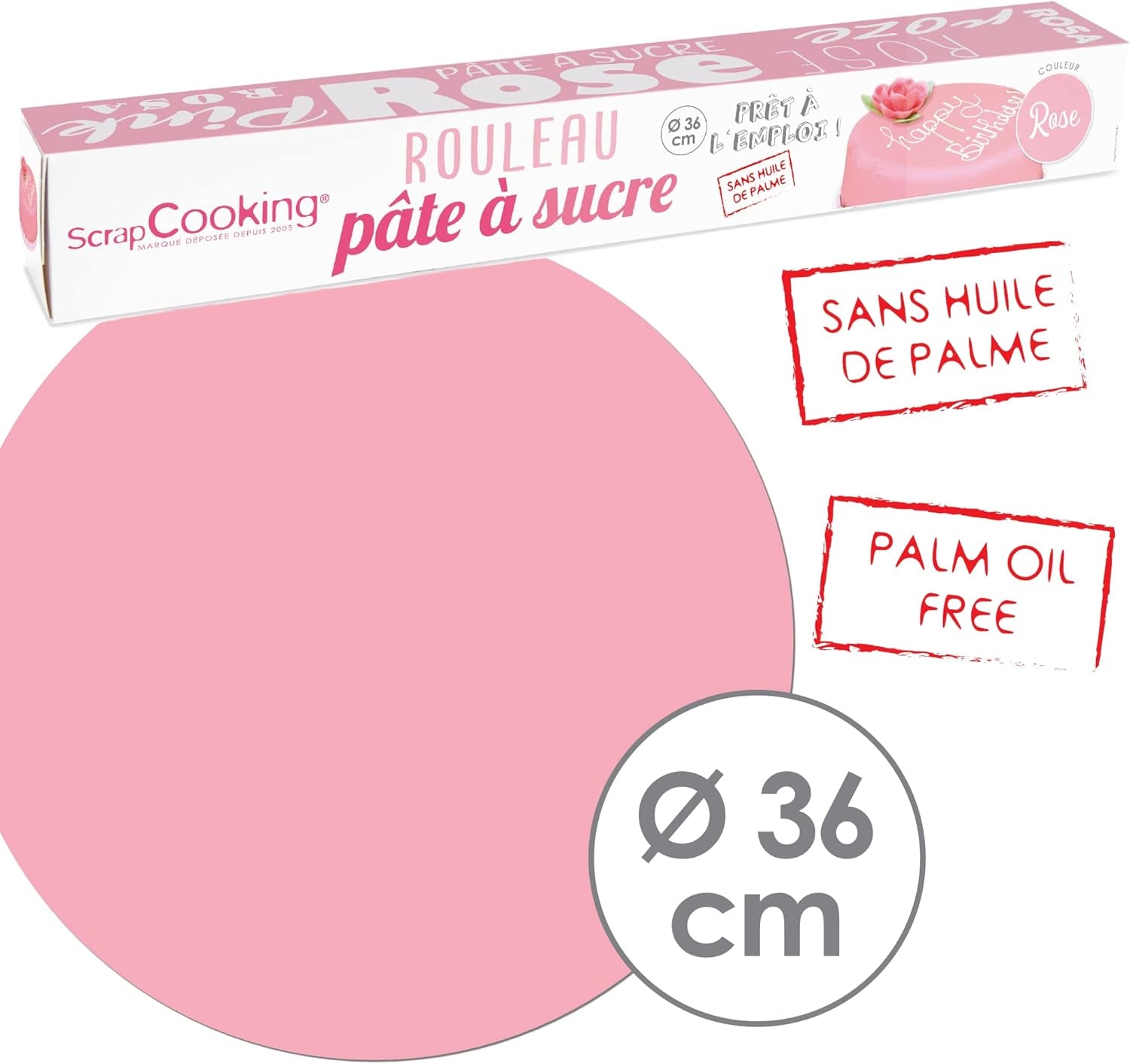 ScrapCooking - Różowa bułka z fondantem 36 cm - Zwijana czarna fondant 430 g - Topper na ciasto Dekoracja na ciasto, pieczenie, urodziny, imprezy - Różowy - 7264 Pasta cukrowa Naty Shop