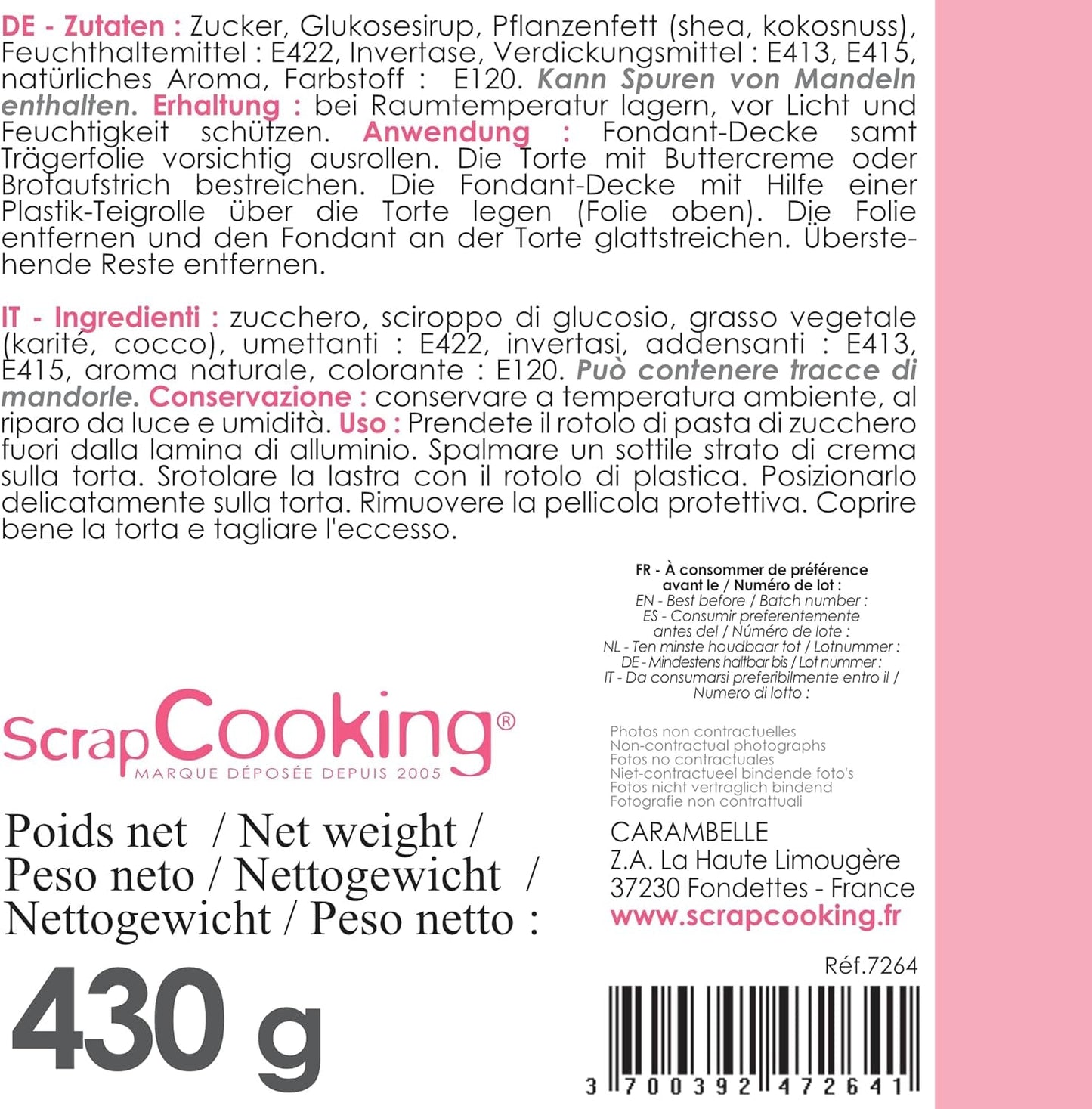 ScrapCooking - Różowa bułka z fondantem 36 cm - Zwijana czarna fondant 430 g - Topper na ciasto Dekoracja na ciasto, pieczenie, urodziny, imprezy - Różowy - 7264 Pasta cukrowa Naty Shop