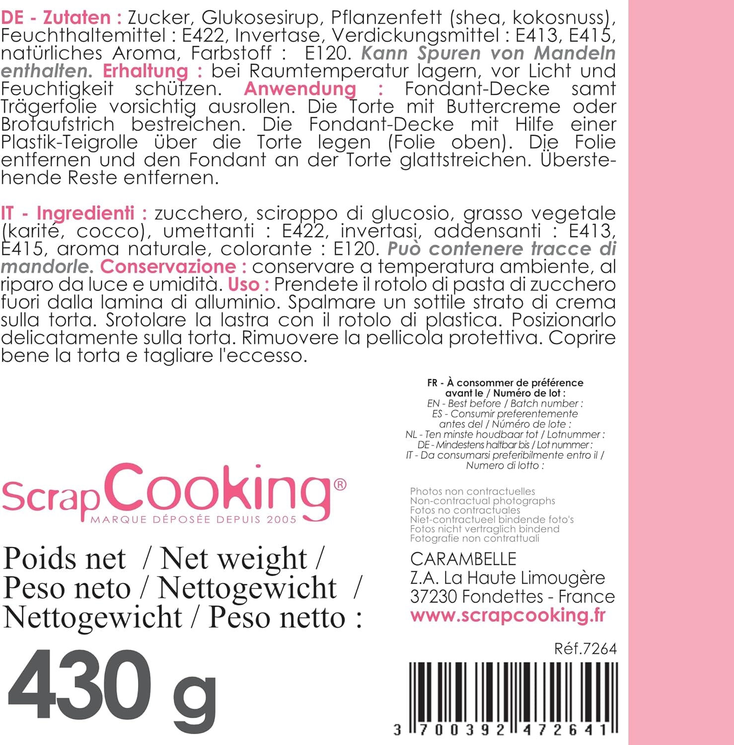 ScrapCooking - Różowa bułka z fondantem 36 cm - Zwijana czarna fondant 430 g - Topper na ciasto Dekoracja na ciasto, pieczenie, urodziny, imprezy - Różowy - 7264 Pasta cukrowa Naty Shop