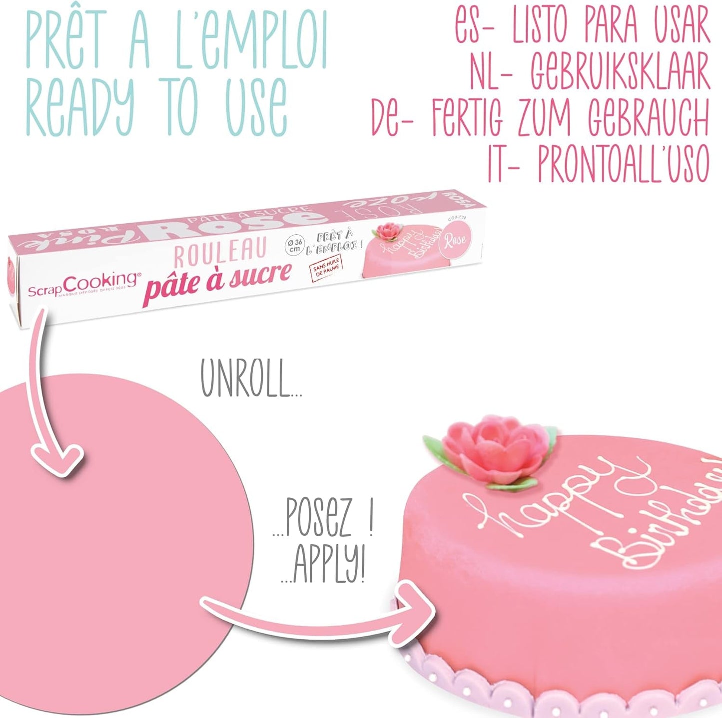ScrapCooking - Różowa bułka z fondantem 36 cm - Zwijana czarna fondant 430 g - Topper na ciasto Dekoracja na ciasto, pieczenie, urodziny, imprezy - Różowy - 7264 Pasta cukrowa Naty Shop