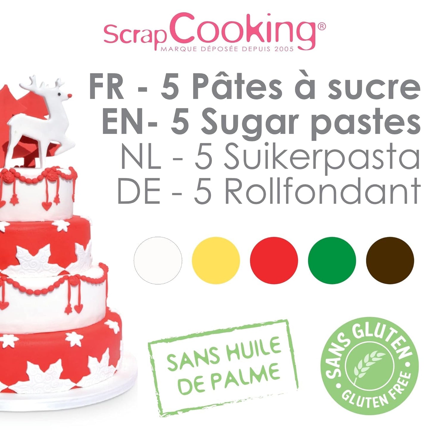 ScrapCooking - Zestaw 5 kremówek - biała, żółta, czerwona, zielona i brązowa - 5 x 80g - pasta cukrowa do ciast Ozdoby do ciast Urodziny Boże Narodzenie - bezglutenowe i bez oleju palmowego - 7257 Naty Shop Sugarpaste