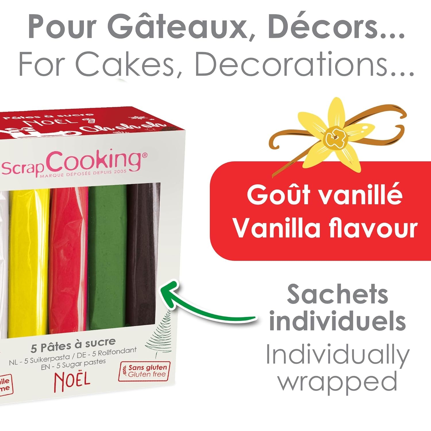 ScrapCooking - Zestaw 5 kremówek - biała, żółta, czerwona, zielona i brązowa - 5 x 80g - pasta cukrowa do ciast Ozdoby do ciast Urodziny Boże Narodzenie - bezglutenowe i bez oleju palmowego - 7257 Naty Shop Sugarpaste
