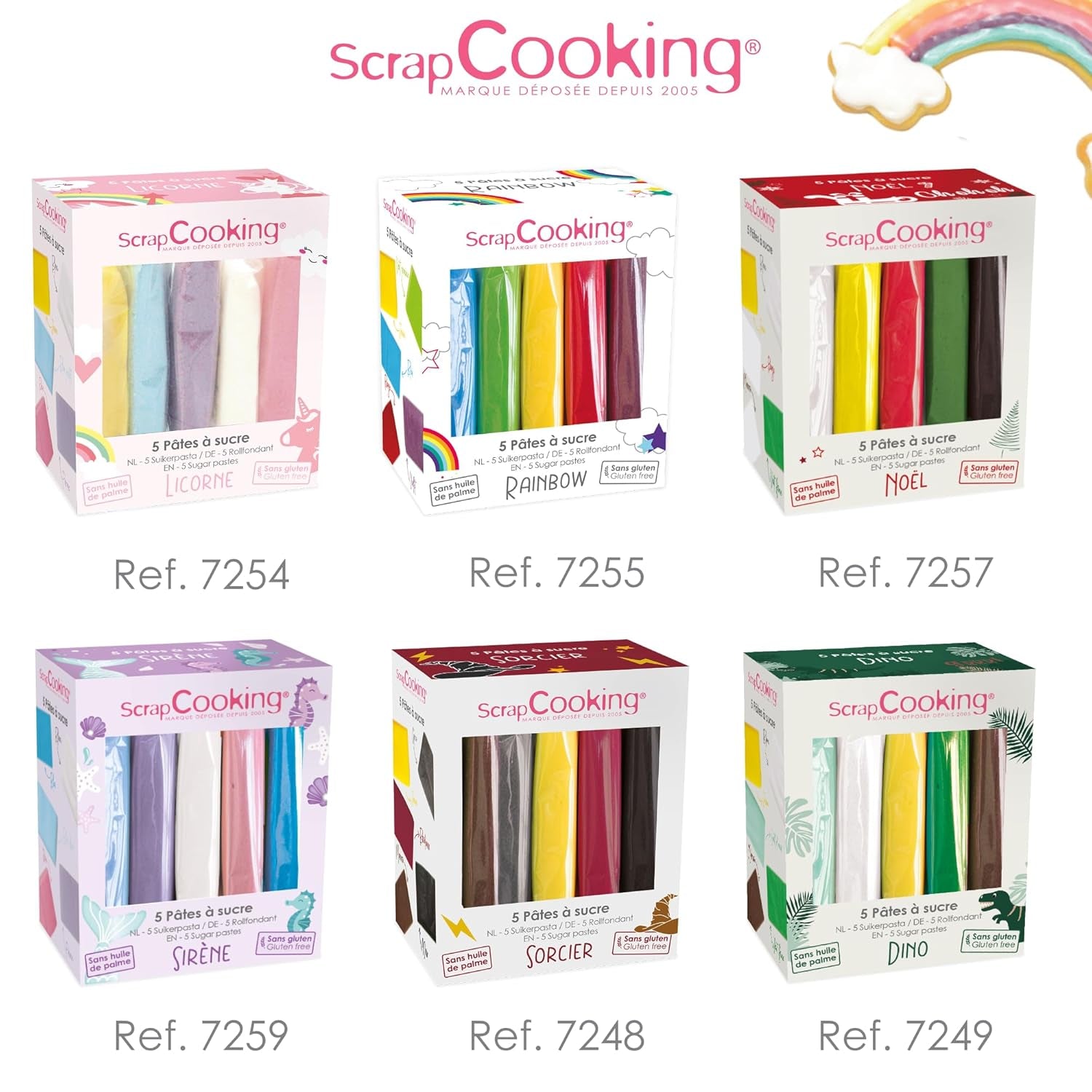 ScrapCooking - Zestaw 5 kremówek - biała, żółta, czerwona, zielona i brązowa - 5 x 80g - pasta cukrowa do ciast Ozdoby do ciast Urodziny Boże Narodzenie - bezglutenowe i bez oleju palmowego - 7257 Naty Shop Sugarpaste