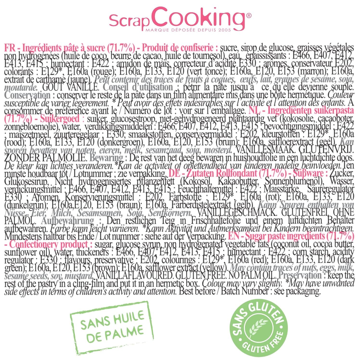 ScrapCooking - Zestaw 5 kremówek - biała, żółta, czerwona, zielona i brązowa - 5 x 80g - pasta cukrowa do ciast Ozdoby do ciast Urodziny Boże Narodzenie - bezglutenowe i bez oleju palmowego - 7257 Naty Shop Sugarpaste