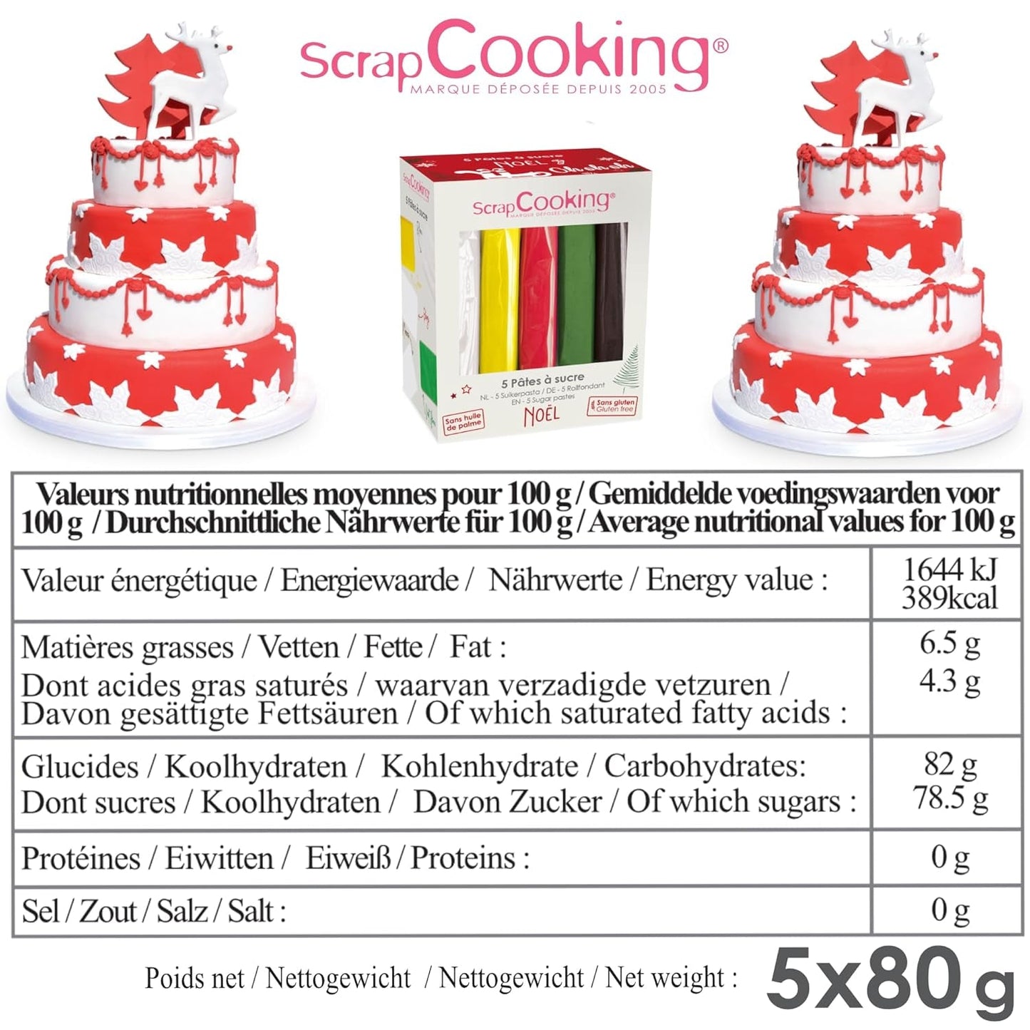 ScrapCooking - Zestaw 5 kremówek - biała, żółta, czerwona, zielona i brązowa - 5 x 80g - pasta cukrowa do ciast Ozdoby do ciast Urodziny Boże Narodzenie - bezglutenowe i bez oleju palmowego - 7257 Naty Shop Sugarpaste