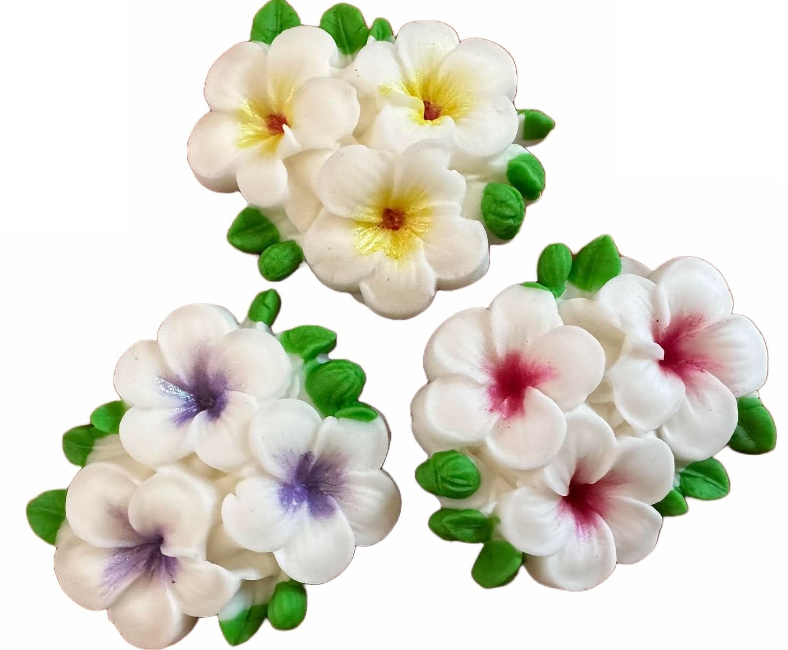 Zestaw 3 dekoracji z cukru jadalnego, Kwiaty Plumeria Dekoracje z pasty cukrowej Sklep Nati