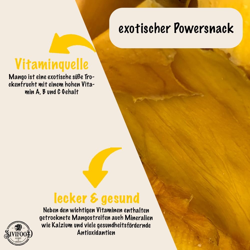 SIVIFOOD suszone mango 1kg - suszone paski mango suszone owoce egzotyczne niesiarkowane bez dodatku cukru naturalne naturalne wegańskie bogate w witaminy suszone mango witaminizowane przekąska owocowa 1000g Produkty suszone Naty Shop