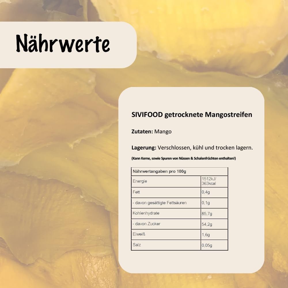 SIVIFOOD suszone mango 1kg - suszone paski mango suszone owoce egzotyczne niesiarkowane bez dodatku cukru naturalne naturalne wegańskie bogate w witaminy suszone mango witaminizowane przekąska owocowa 1000g Produkty suszone Naty Shop