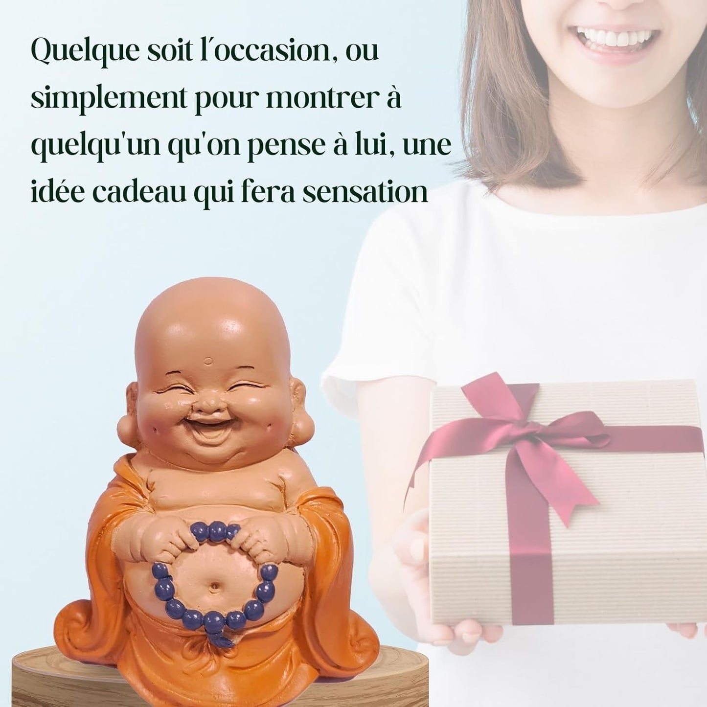Posąg Śmiejącego się Buddy z różańcem - Inspirująca i wesoła figurka - Talizman szczęścia pełen pozytywności - Uroczy i duchowy pomysł na prezent - H 10 cm - Zen'Light Posągi i rzeźby Naty Shop