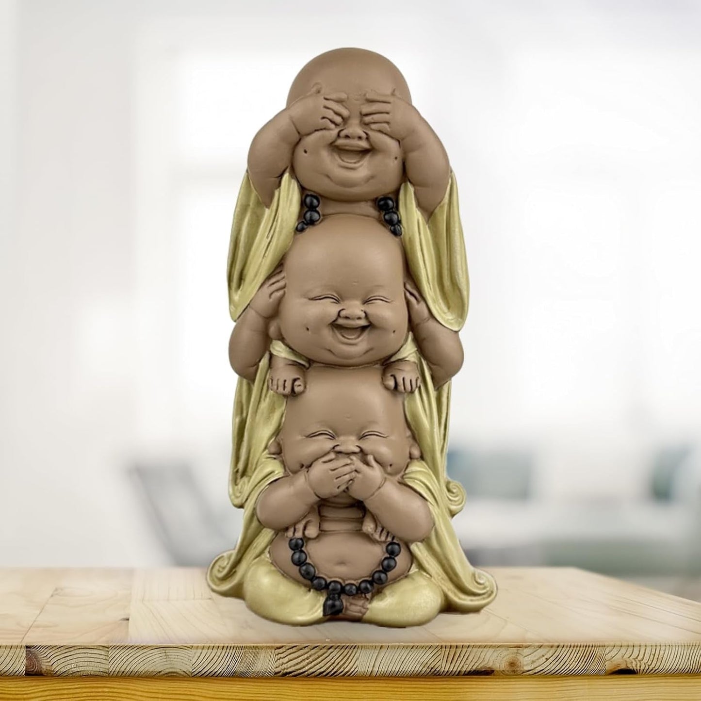 Statua 3 Śmiejących się Buddów - Nic nie widzieć - Nic nie słyszeć - Nic nie mówić - Mały Budda Zespół symboliczny - Spokojny i radosny nastrój - Wystrój Zen -H 18 cm - Zen'Light Figurki i rzeźby Naty Shop
