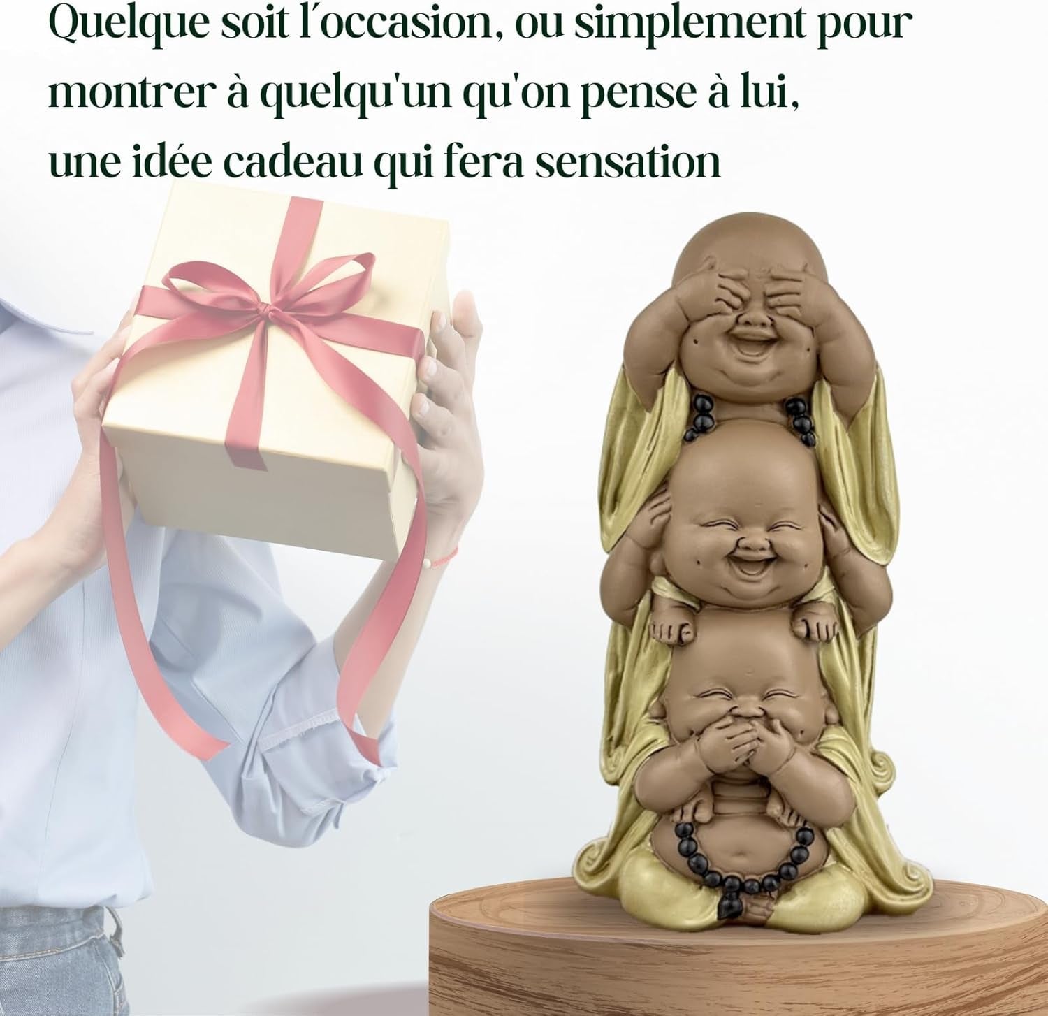 Statua 3 Śmiejących się Buddów - Nic nie widzieć - Nic nie słyszeć - Nic nie mówić - Mały Budda Zespół symboliczny - Spokojny i radosny nastrój - Wystrój Zen -H 18 cm - Zen'Light Figurki i rzeźby Naty Shop