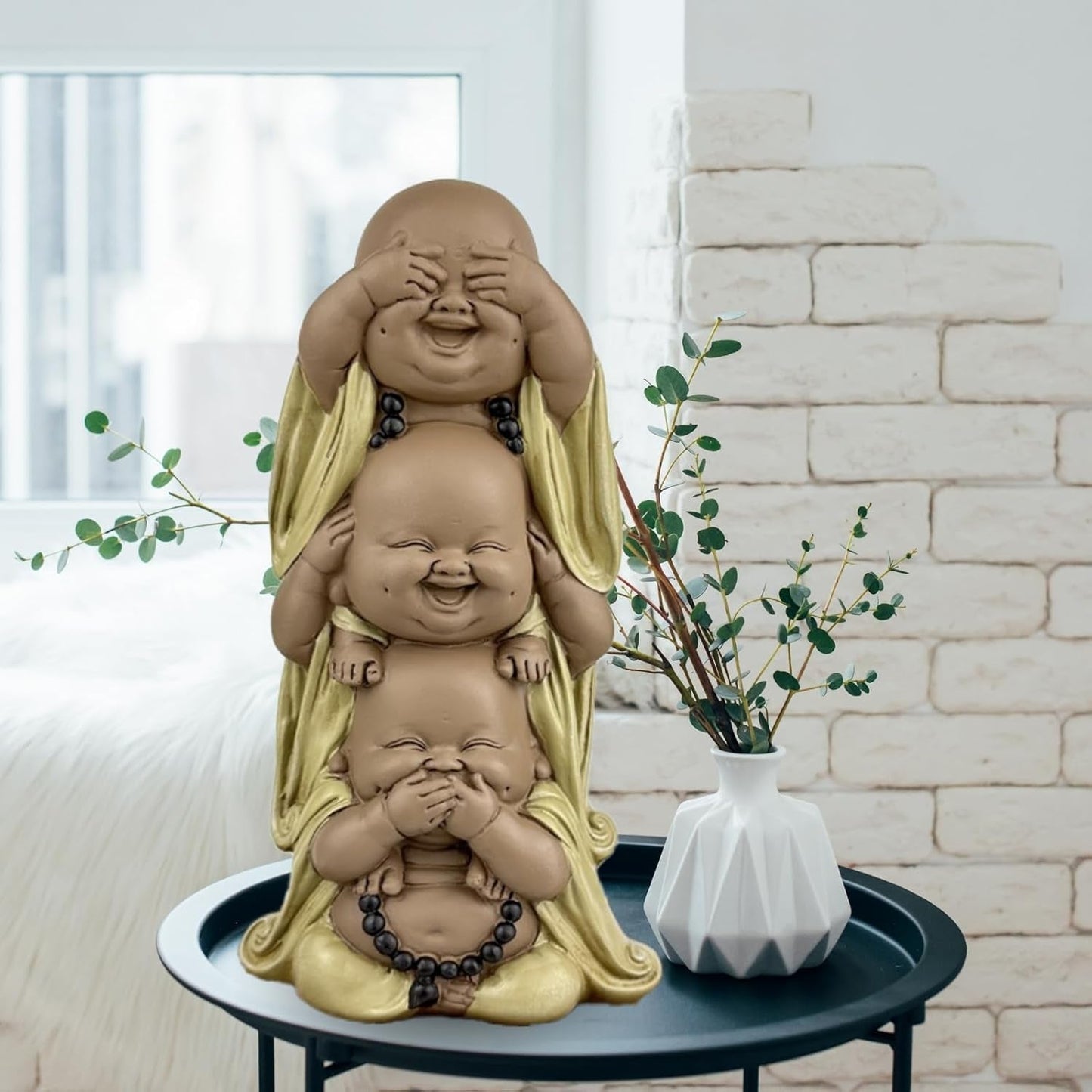 Statua 3 Śmiejących się Buddów - Nic nie widzieć - Nic nie słyszeć - Nic nie mówić - Mały Budda Zespół symboliczny - Spokojny i radosny nastrój - Wystrój Zen -H 18 cm - Zen'Light Figurki i rzeźby Naty Shop