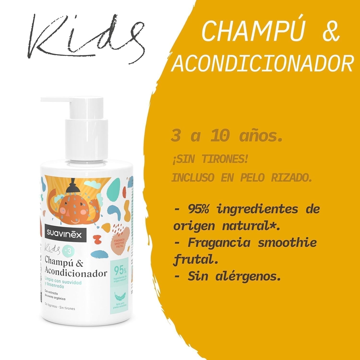 Suavinex, szampon pielęgnacyjny dla dzieci od 3 do 10 lat, bez alergenów, bez parabenów, bez silikonu, odpowiedni dla skóry wrażliwej, nie podrażnia i nie ciągnie, 95% składników pochodzenia naturalnego, Dzieci - Kąpiel i Pielęgnacja Naty Shop