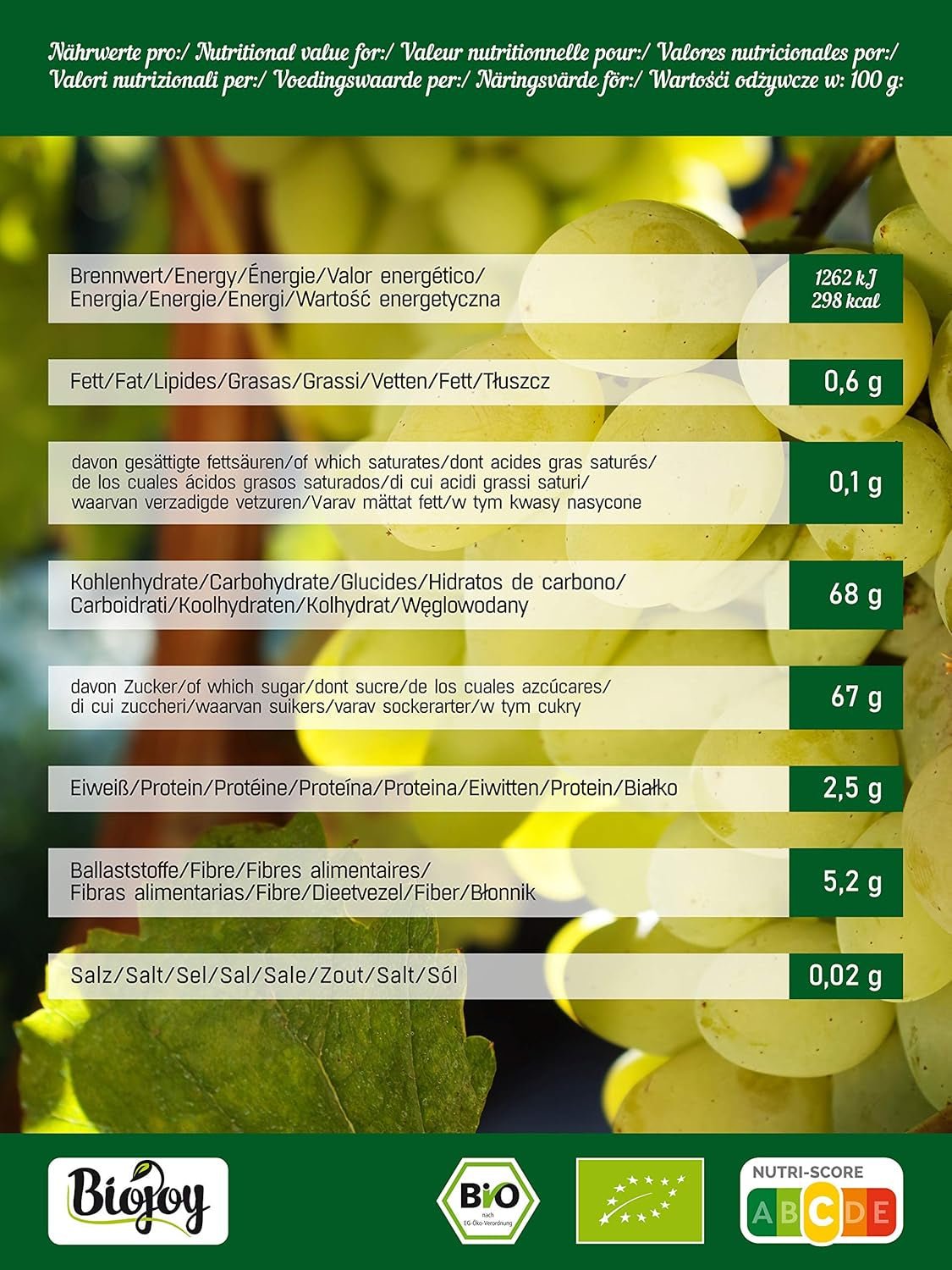 Biojoy Organiczne sułtanki (500 g), suszone i niesiarkowane Naty Shop produkty suszone
