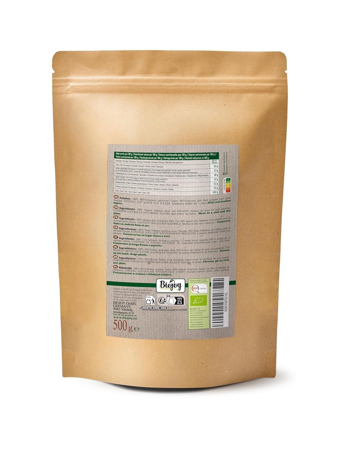 Biojoy Organiczne sułtanki (500 g), suszone i niesiarkowane Naty Shop produkty suszone