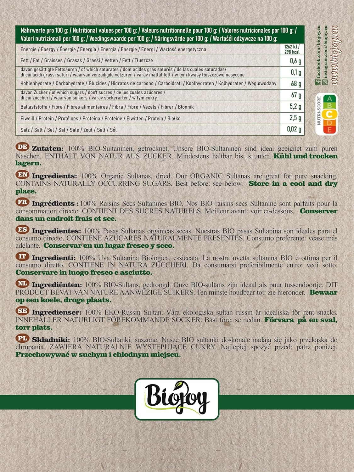 Biojoy Organiczne sułtanki (500 g), suszone i niesiarkowane Naty Shop produkty suszone