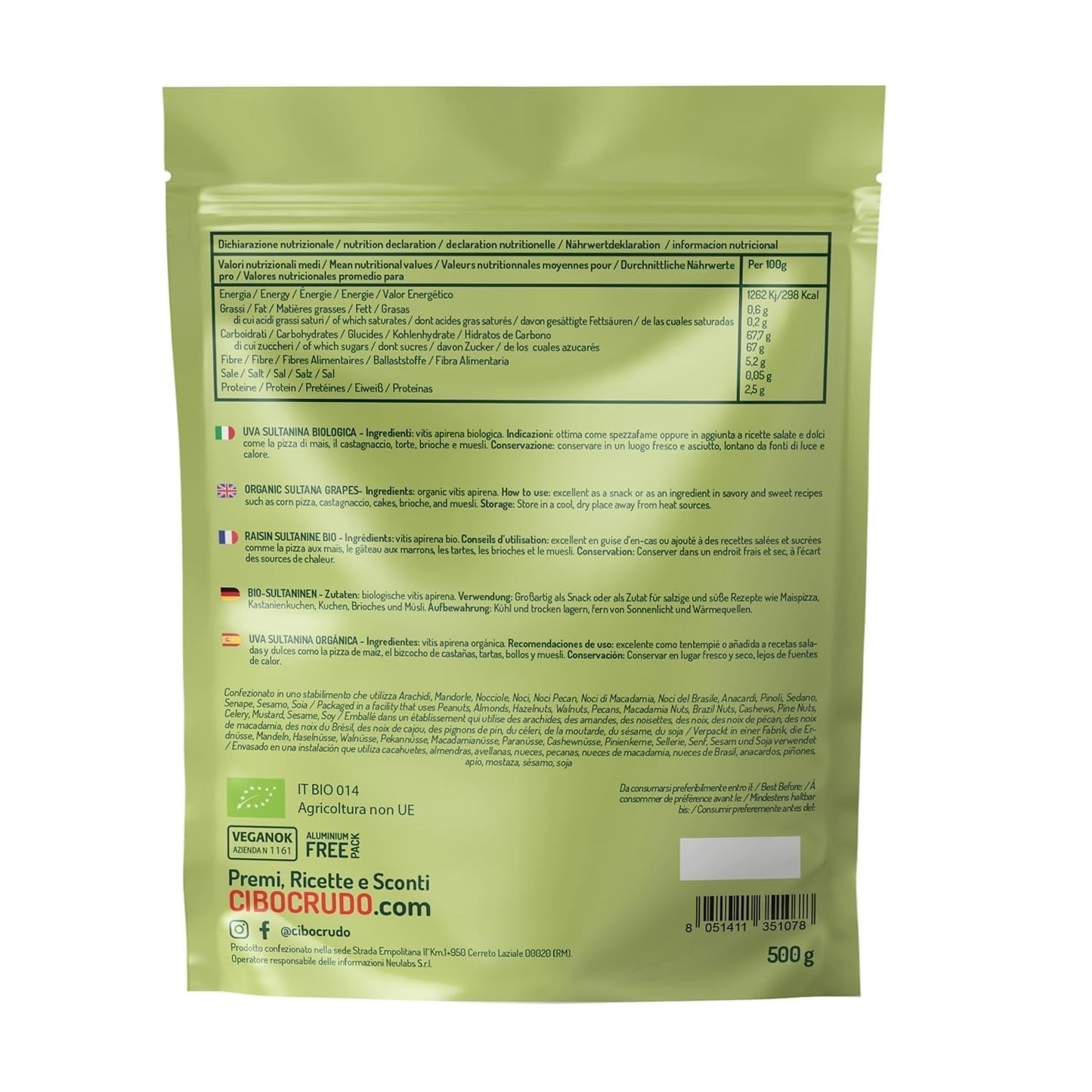 Organiczne rodzynki siarkowe - 500g. Odwodnione i surowe. Sułtanki suszone bez dodatku cukru do spożycia jako przekąska lub deser. Naty Kup produkty suszone