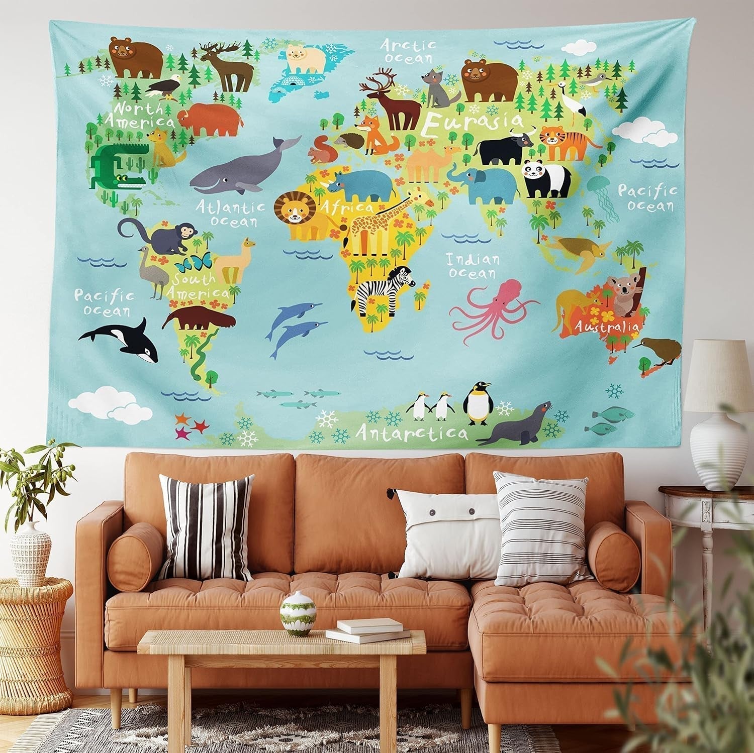 Gobelin abakuhaus wanderlust zwierząt mapa świata rysunki Strona główna - Akcesoria i dekoracje Naty Shop