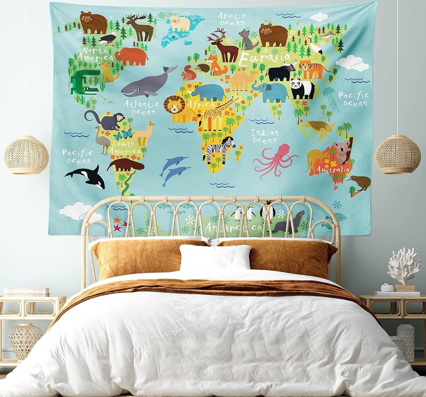 Gobelin abakuhaus wanderlust zwierząt mapa świata rysunki Strona główna - Akcesoria i dekoracje Naty Shop