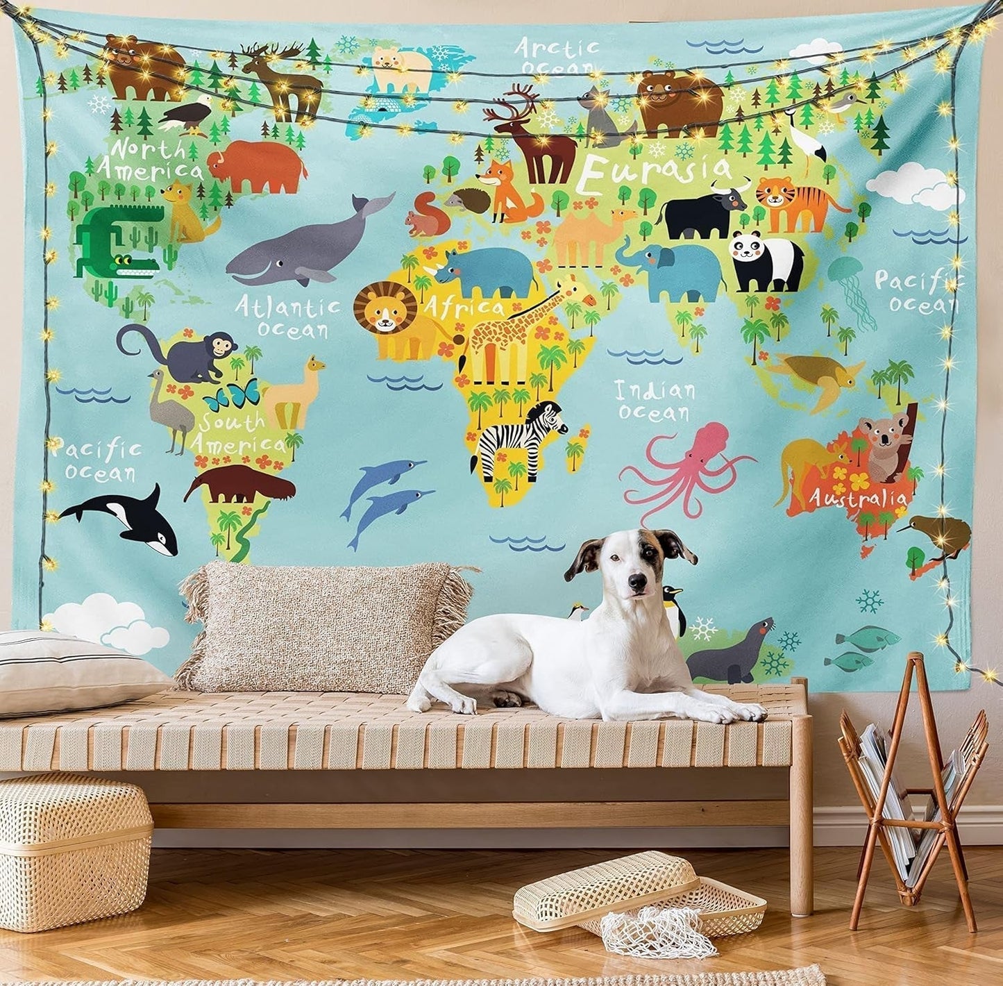 Gobelin abakuhaus wanderlust zwierząt mapa świata rysunki Strona główna - Akcesoria i dekoracje Naty Shop