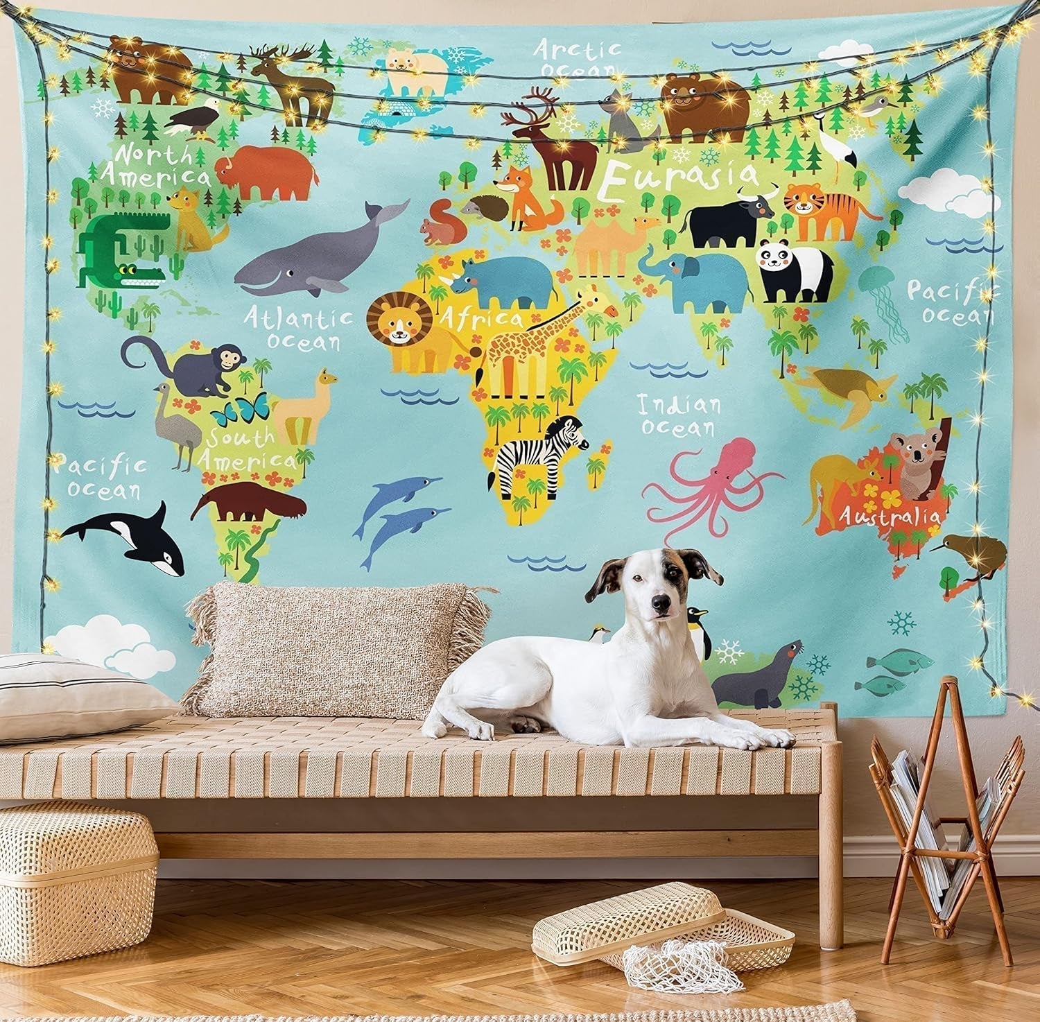 Gobelin abakuhaus wanderlust zwierząt mapa świata rysunki Strona główna - Akcesoria i dekoracje Naty Shop
