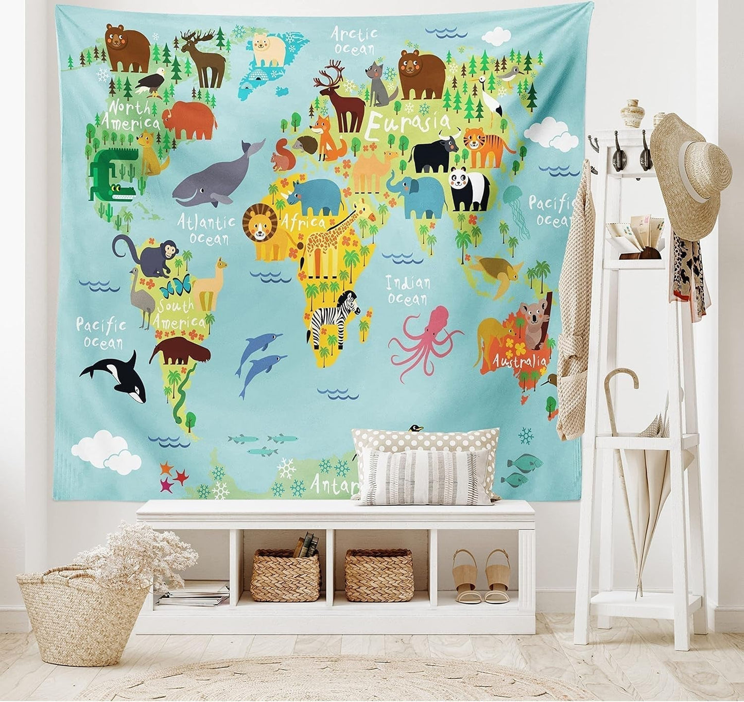 Gobelin abakuhaus wanderlust mapa świata zwierząt rysunki Strona główna - Akcesoria i dekoracje Naty Shop Jasnoniebieski Żółto-zielony 150L X 110B Cm