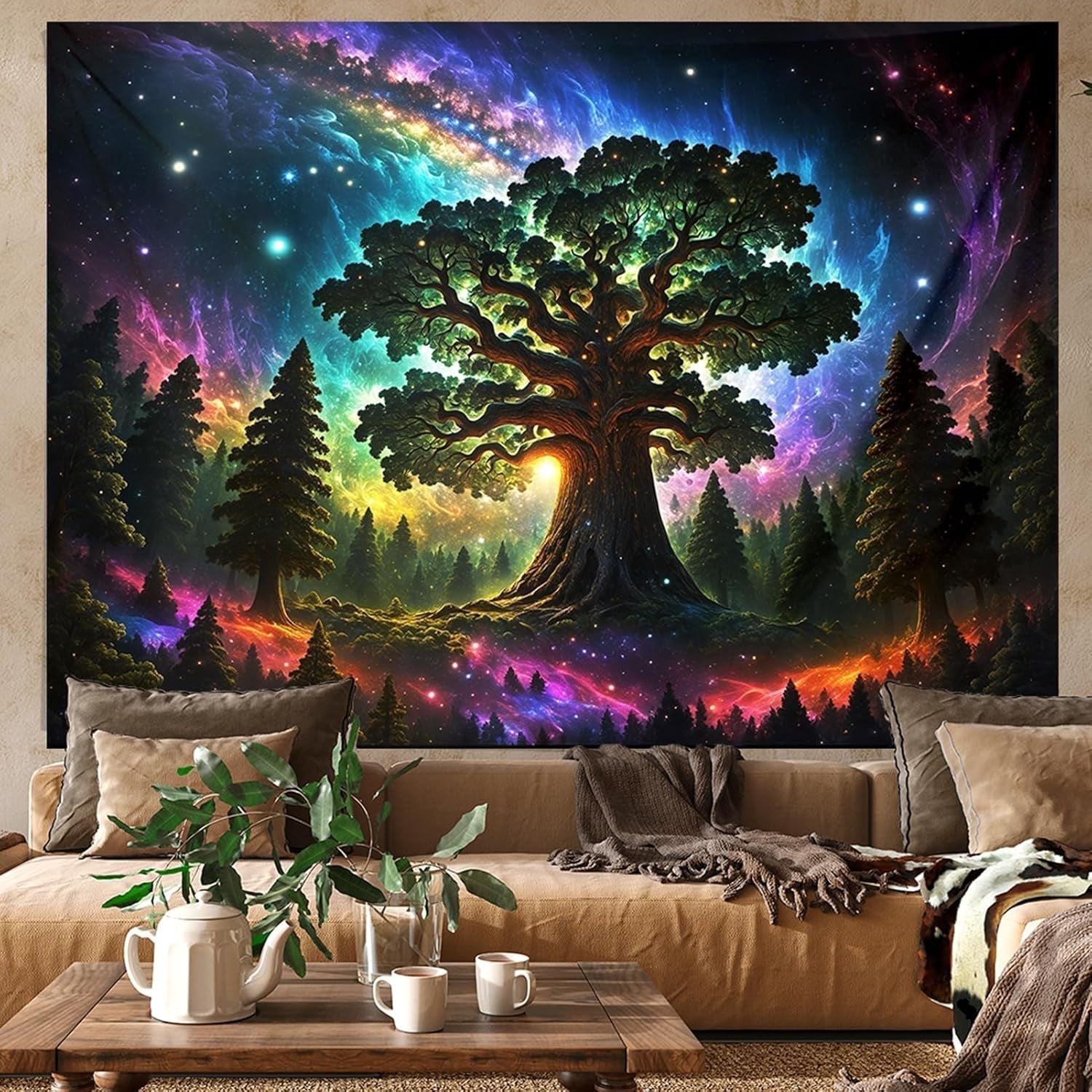 Gobelin czarne światło las psychodeliczny natura drzewo gwiazdy galaktyka Strona główna - Akcesoria i dekoracje Naty Shop 300L X 180B Cm