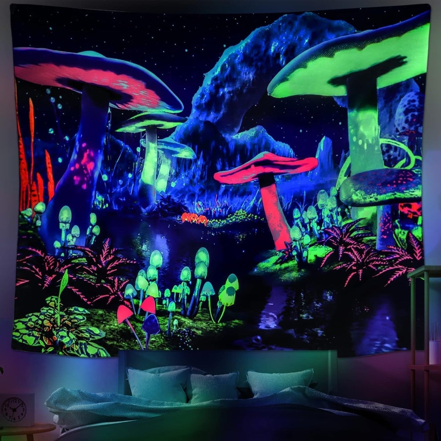 Gobelin dremisland blacklight grzyb psychodeliczny reaktywny galaxy ściana Strona główna - Akcesoria i dekoracje Naty Shop Mushroom 200L X 148B Cm
