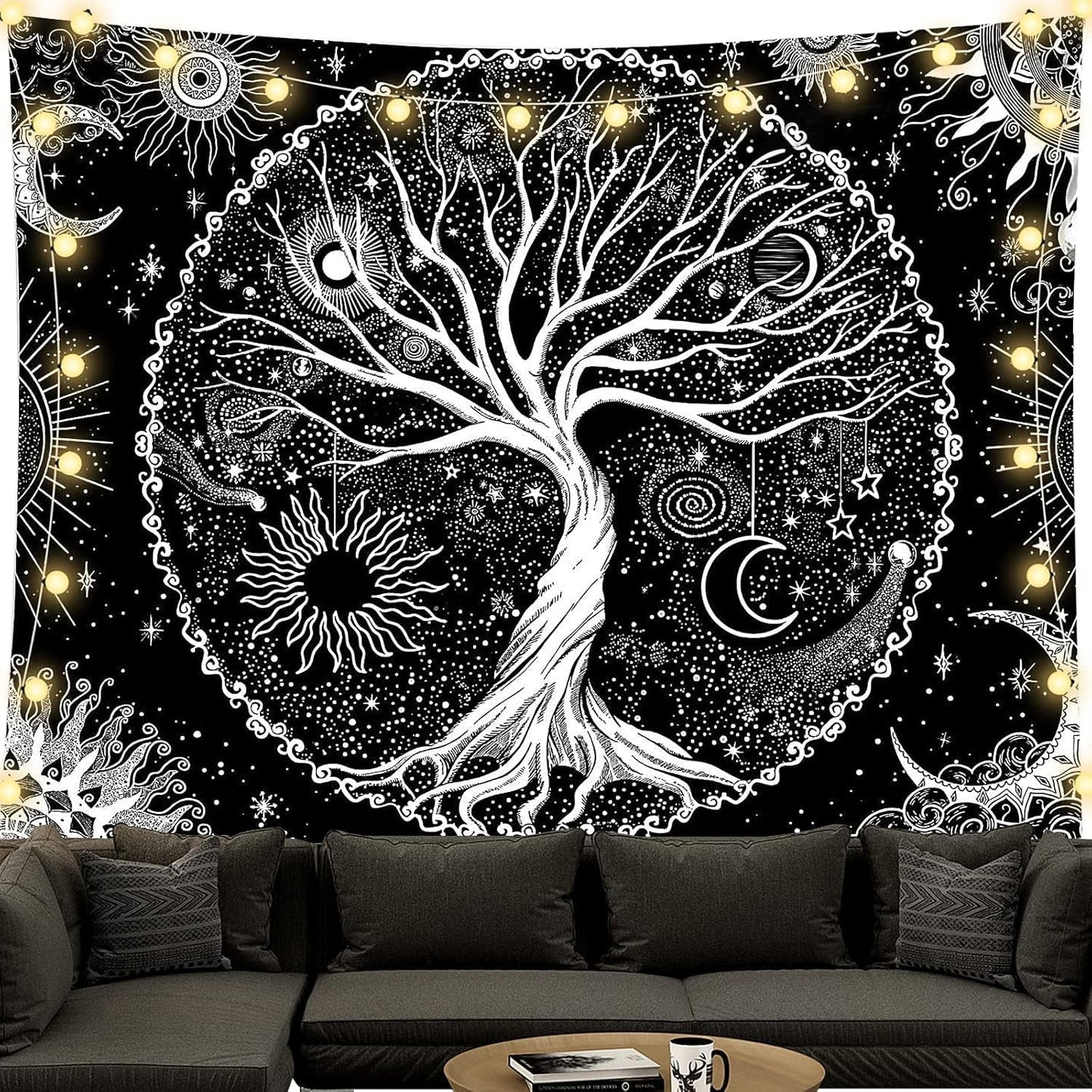 Gobelin czarno-biały gobelin drzewo życia fazy księżyca Strona główna - Akcesoria i dekoracje Naty Shop Drzewo życia 200L X 150B Cm