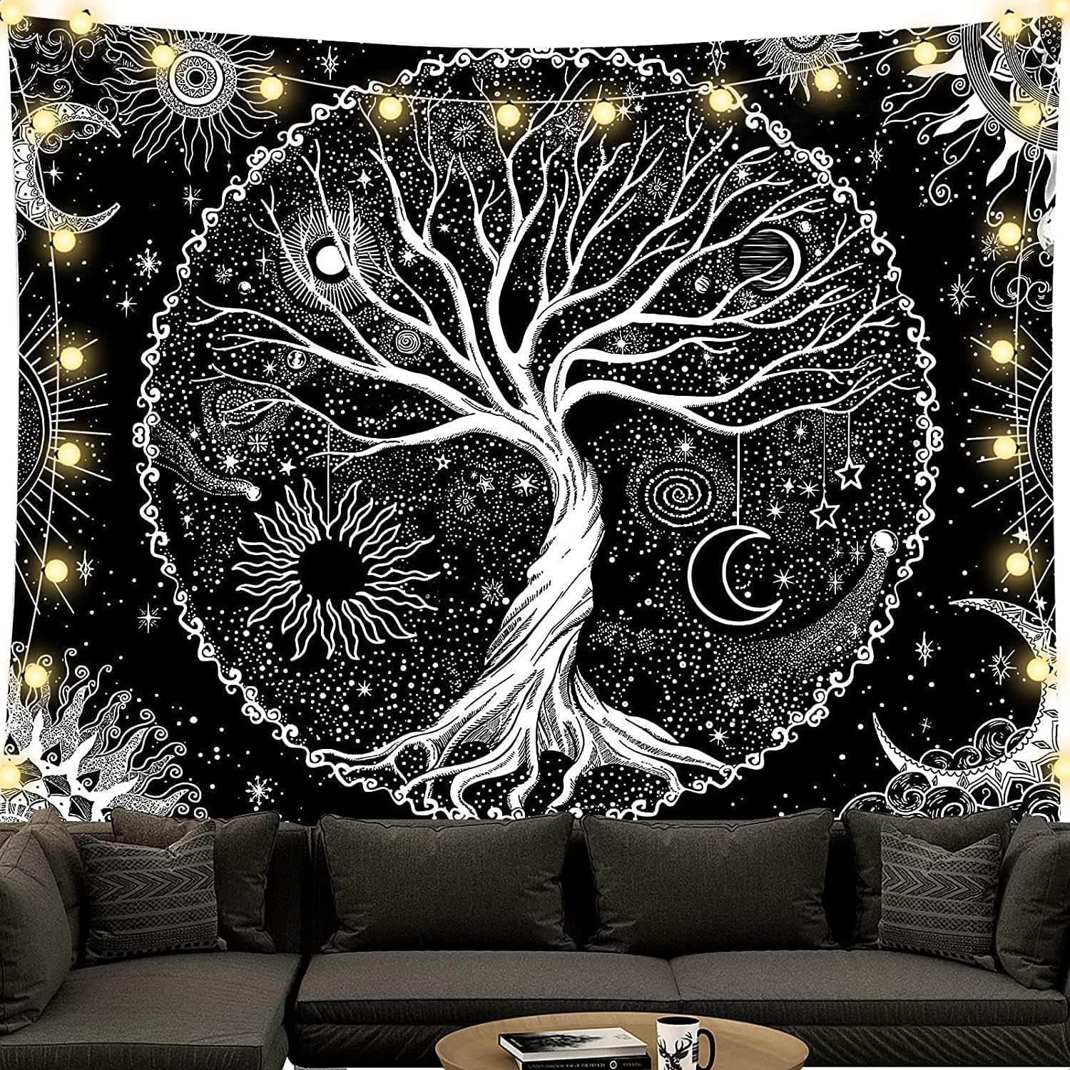 Gobelin czarno-biały gobelin drzewo życia fazy księżyca Strona główna - Akcesoria i dekoracje Naty Shop Drzewo życia 150L X 130B Cm