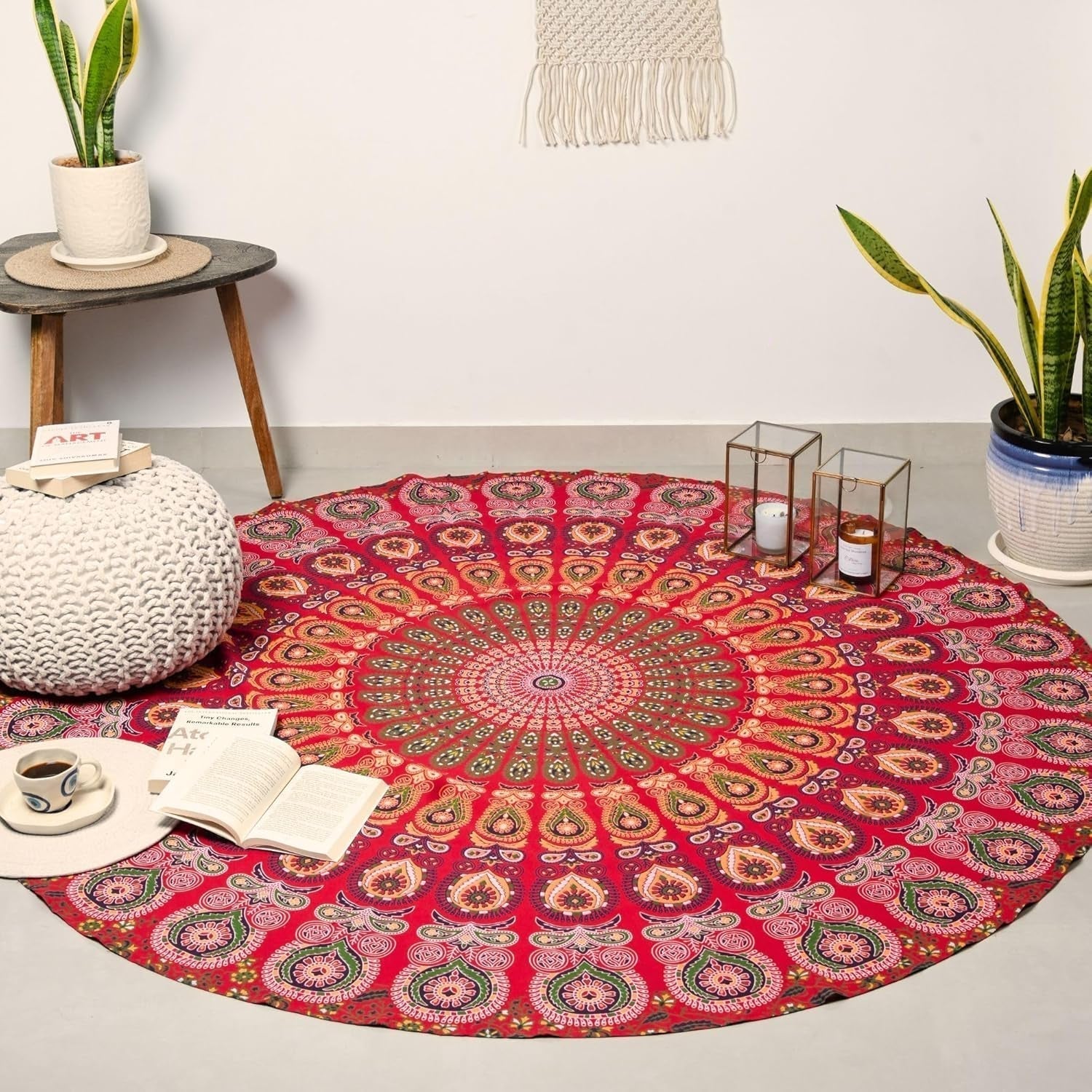 Okrągły gobelin paw mandala centymetry roundie hipisowska dziewczyna Casa - Akcesoria i dekoracje Naty Shop Złoty czerwony D-72"