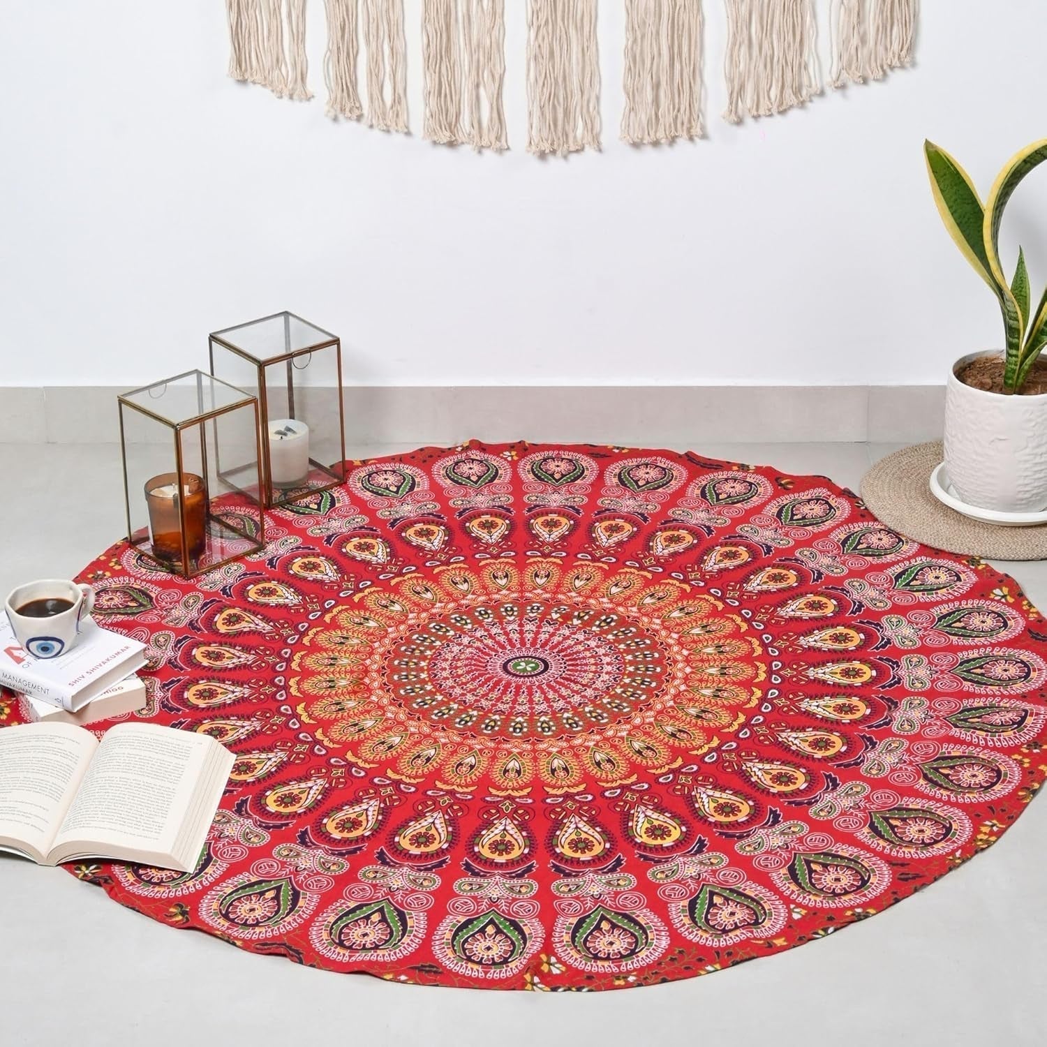Okrągły gobelin paw mandala centymetry okrągła hipisowska dziewczyna Casa - Akcesoria i dekoracje Naty Shop Złoto-czerwony D-48"